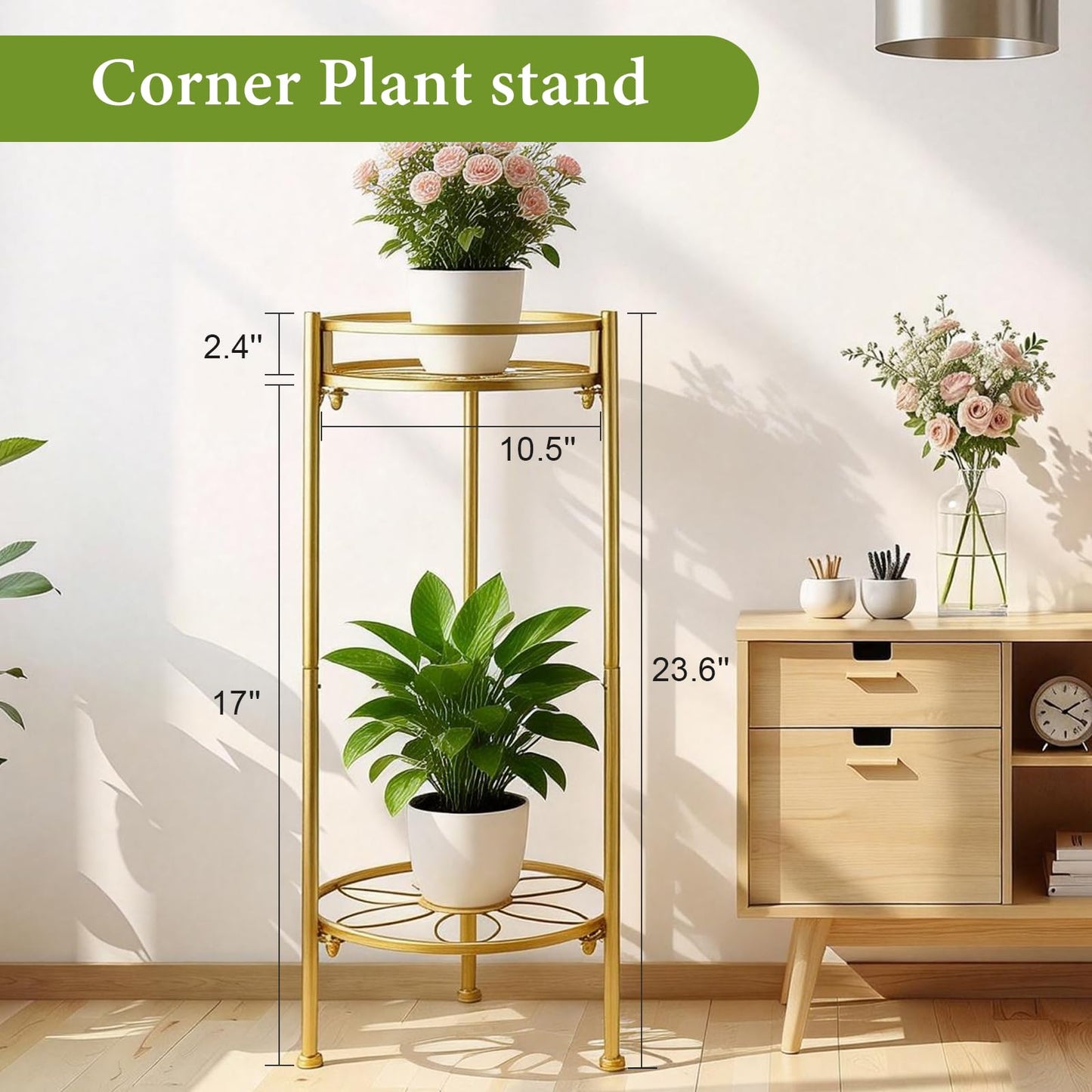 2 Tier Metal Plant Stand, Sturdy Heavy Duty Adjustable Two Tier Flower Pot Holder for Indoor Outdoor, Small Spaces, Balcony, Kitchen, Living Room, Patio - Tall Plant Shelf for Succulents, Heavy Pots, Potted Herbs （Gold）