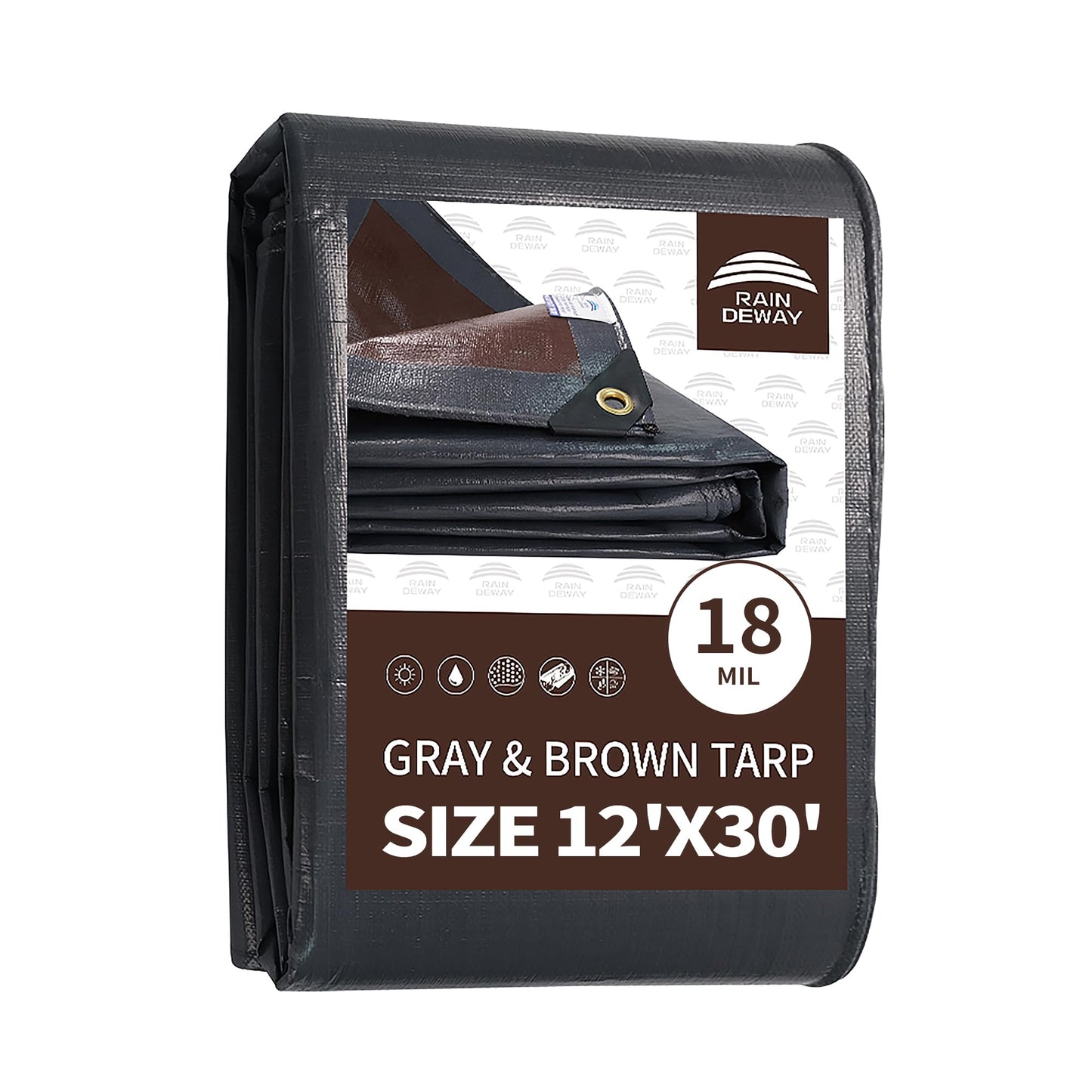 RAINDEWAY 12x30 Feet Super Heavy Duty Tarp 18 Mil, UV Resistant, Weatherproof, Multipurpose Waterproof Poly Tarp with Grommets and Reinforced Edges, Brown/Gray Tarps