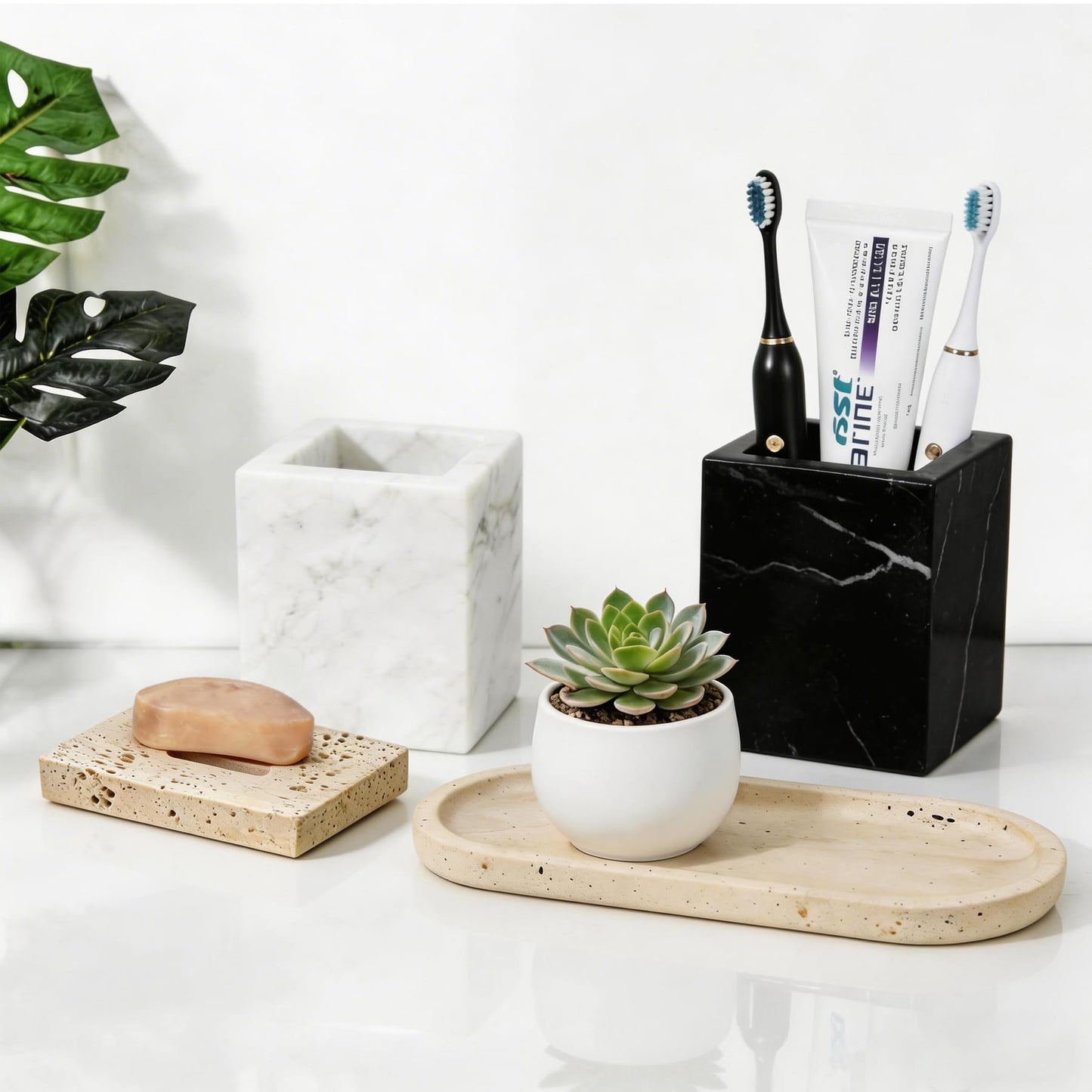 Natural Marble Soap Dish for Shower Stone Tray Small Bar Soap Holder with Self Draining | Non-Slip, Luxury Bath Room Accessories, Sponge Dish Scrubbers Tray for Kitchen Sink Counter Top (Travertine)