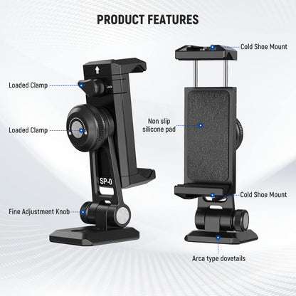 NEEWER Metal Phone Tripod Mount Adapter with Arca QR Base, Cold Shoe, 360° Swivel 180° Tilt, Phone Holder Compatible with iPhone 17 Pro Max 16 15 Samsung Galaxy S25 Ultra S24
