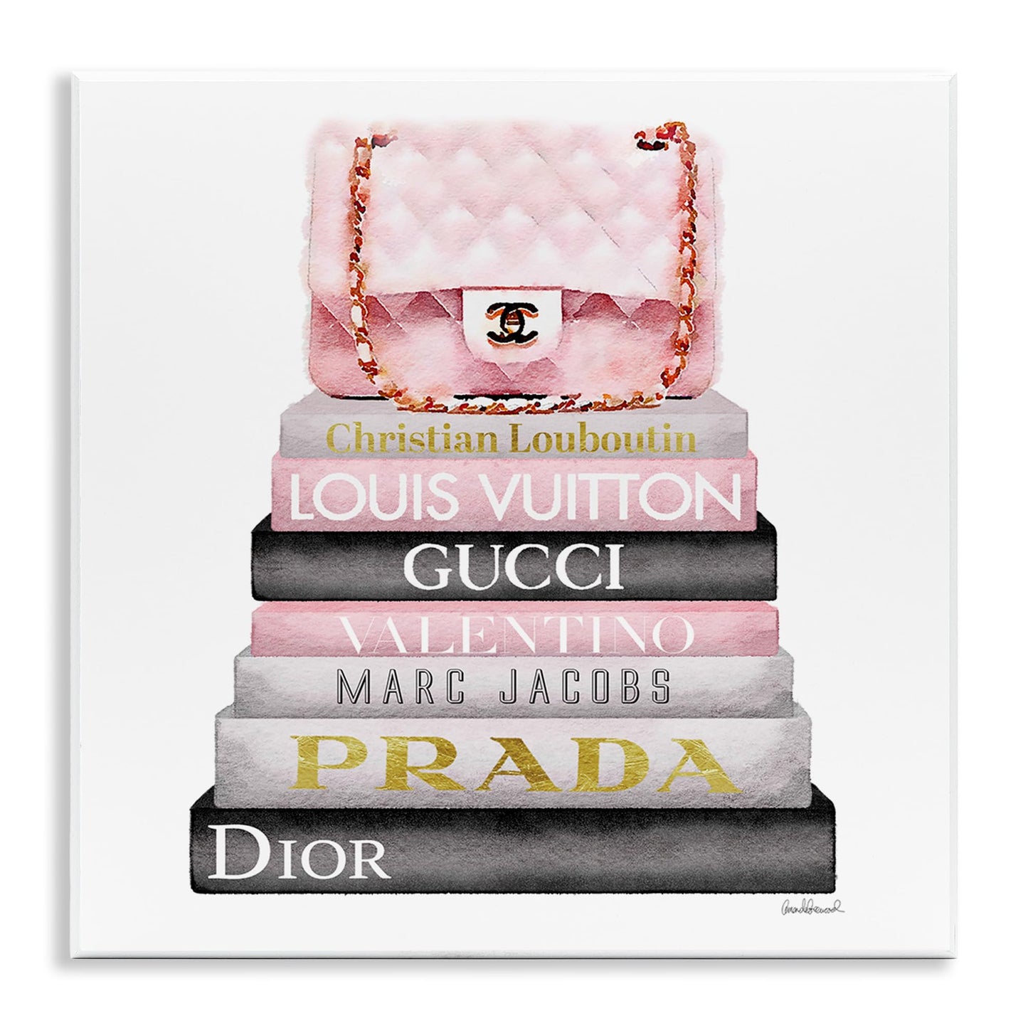 Stupell Industries Watercolor High Fashion Bookstack Padded Pink Bag Wall Plaque Art, 12 x 12, Pink, for Bedroom