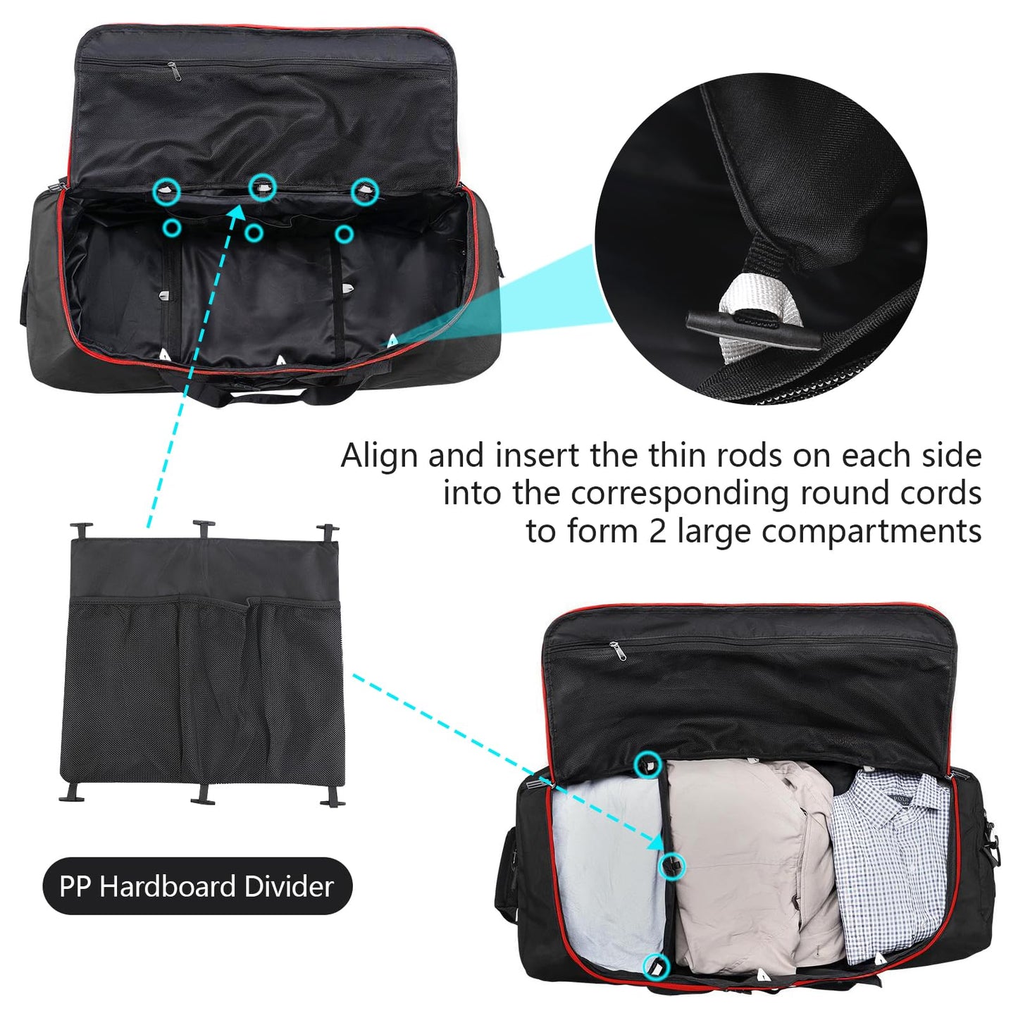 Vrtisa 110L Expandable to 140L 32” Foldable Oxford Soft-Sided Rolling Duffle Bag with 2 Heavy-Duty Wheels,2 Large Compartments,Adjustable Shoulder Strap and Attached Organizer Pouch,Black Red