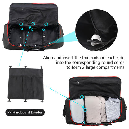 Vrtisa 110L Expandable to 140L 32” Foldable Oxford Soft-Sided Rolling Duffle Bag with 2 Heavy-Duty Wheels,2 Large Compartments,Adjustable Shoulder Strap and Attached Organizer Pouch,Black Red