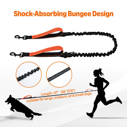 Amazon Basics Hands Free Dog Leash with Running Bag, Adjustable Waist Belt, Dual Padded Handles, Reflective Bungee Leash for Walking, Jogging, Hiking, Fits Small to Large Dogs (Up to 150 lbs)