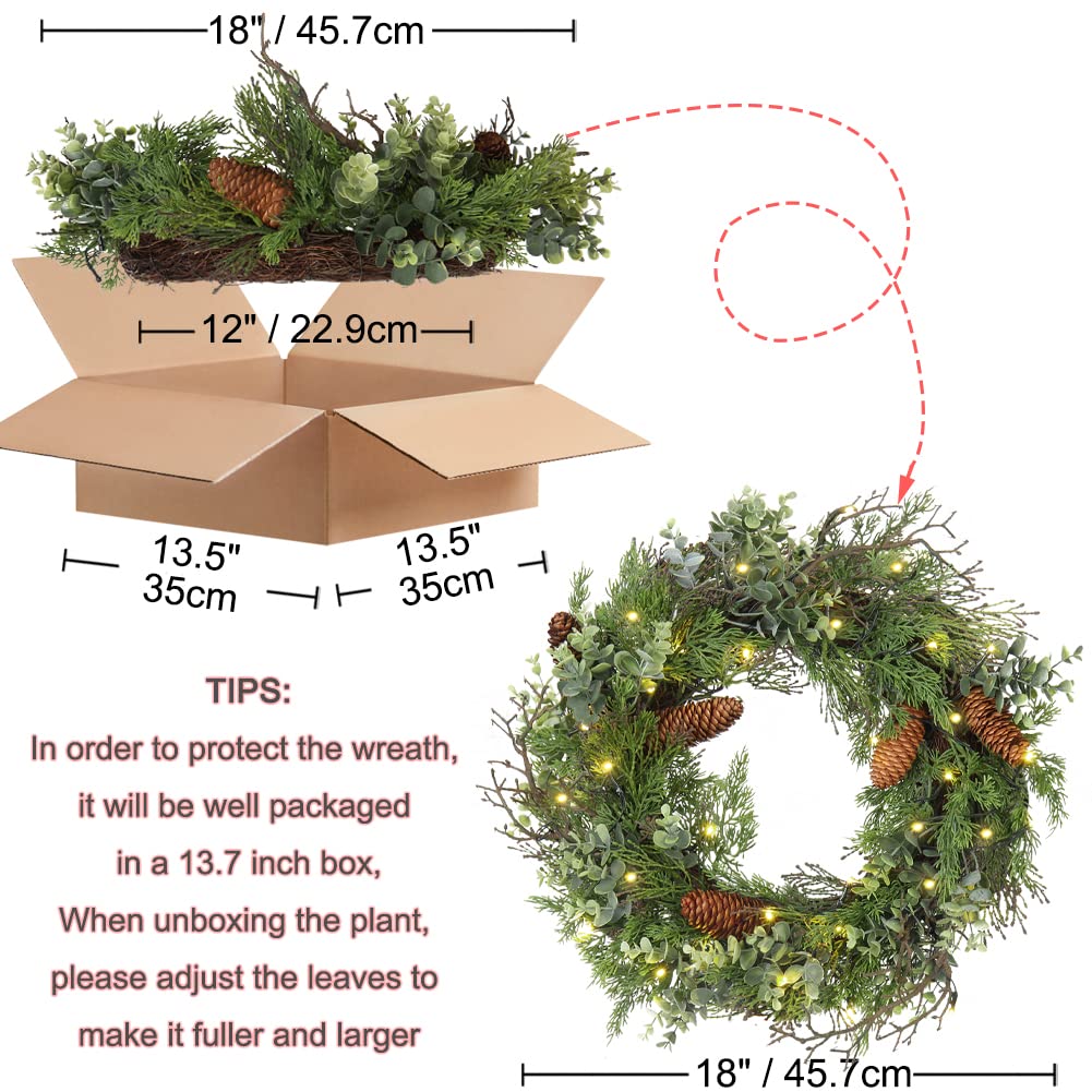 Pre Lit Christmas Wreath for Front Door Green Wreath Decorated with Pine Cones,Berry Clusters, Abundant Fit Branches 18” Lighted Christmas Wreaths for Windows Winter Wreath Hanging Wall Decor