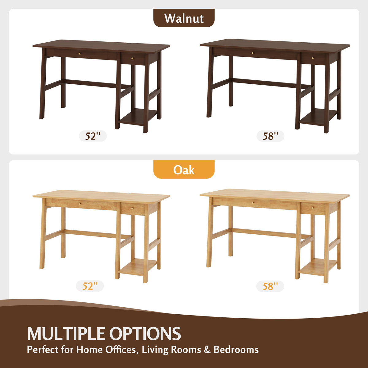 NELYE Solid Wood Desk with Drawer - 58 Inch Modern Writing and Computing Workstation for Home Office in Walnut
