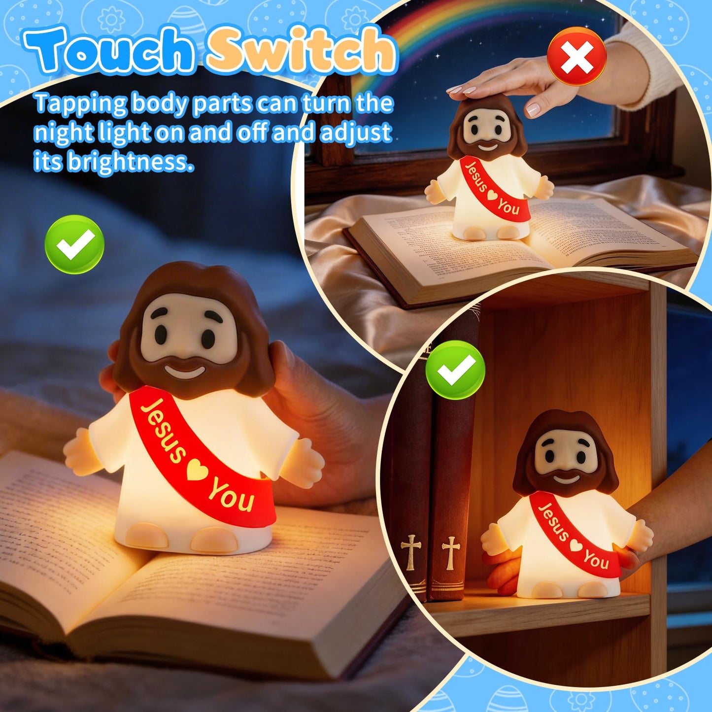 GZJQW Jesus Night Light, Jesus Love You Night Light for Kids, 3-Speed Adjustable Silicone Touch Control Nightlight, Table Lamp for Bedroom, Desktop, Jesus Decor, Easter Decorations, Baptism Presents
