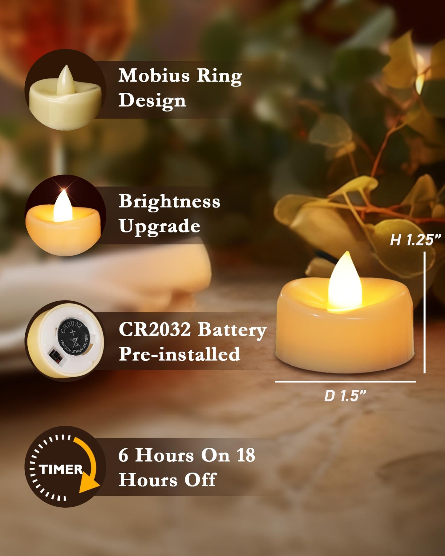 merrynights LED Candles, 12 Pack Tea Lights with Timer, Flameless Tea Lights Candle Battery Operated Fake Votives for Halloween Diwali Christmas, 6 H On and 18 H Off, D 1.5” x H 1.25”