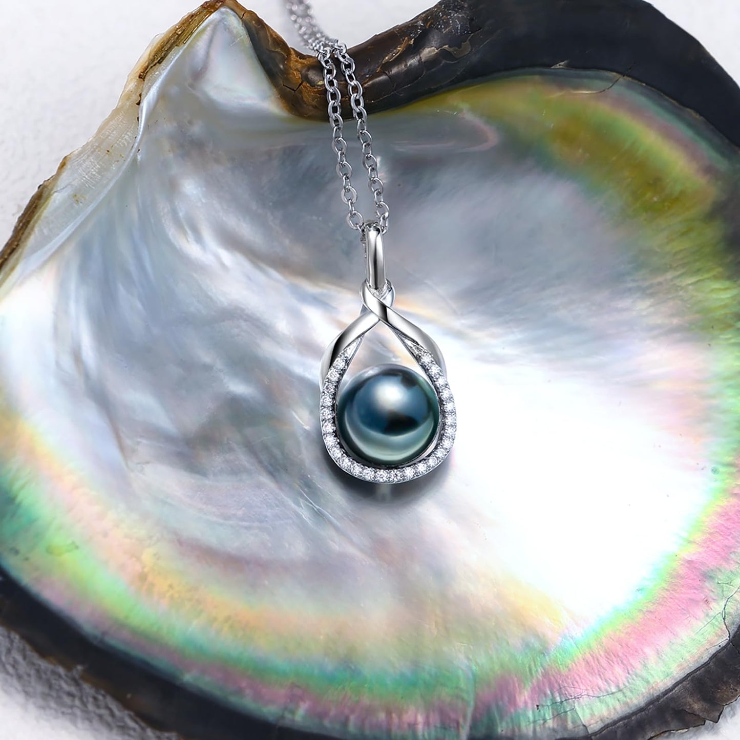 Tahitian Black Pearl Necklace for Women - Gift for Wife, Mom, Sister, Jewelry Gifts for Wedding Anniversary Birthday Christmas, 9-10mm Seawater Pearl with Sterling Silver Moissanite Necklaces Pendant