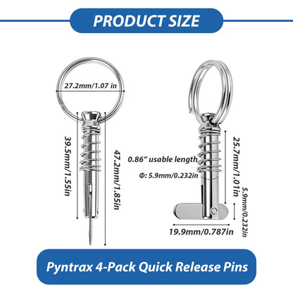 Pyntrax 4-Pack Quick Release Pins (1/4” Diameter) with Drop Cam & Spring - 0.86” Usable Length, Full 316 Stainless Steel Marine Hardware for Bimini Top, Boat & Pontoon