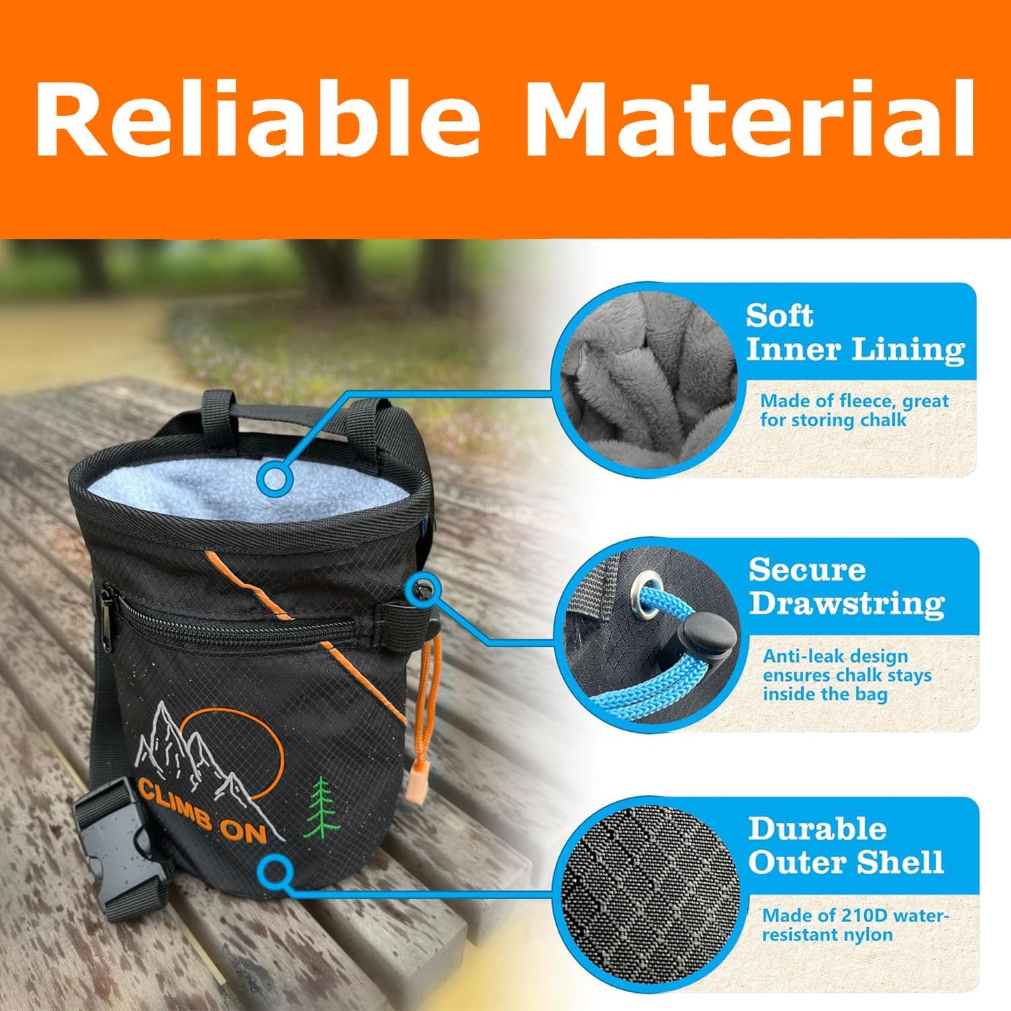 Chalk Bag + Ball for Rock Climbing, Bouldering, Top Rope | Climb On (Chalk Bag (Orange) + Refillable Ball)