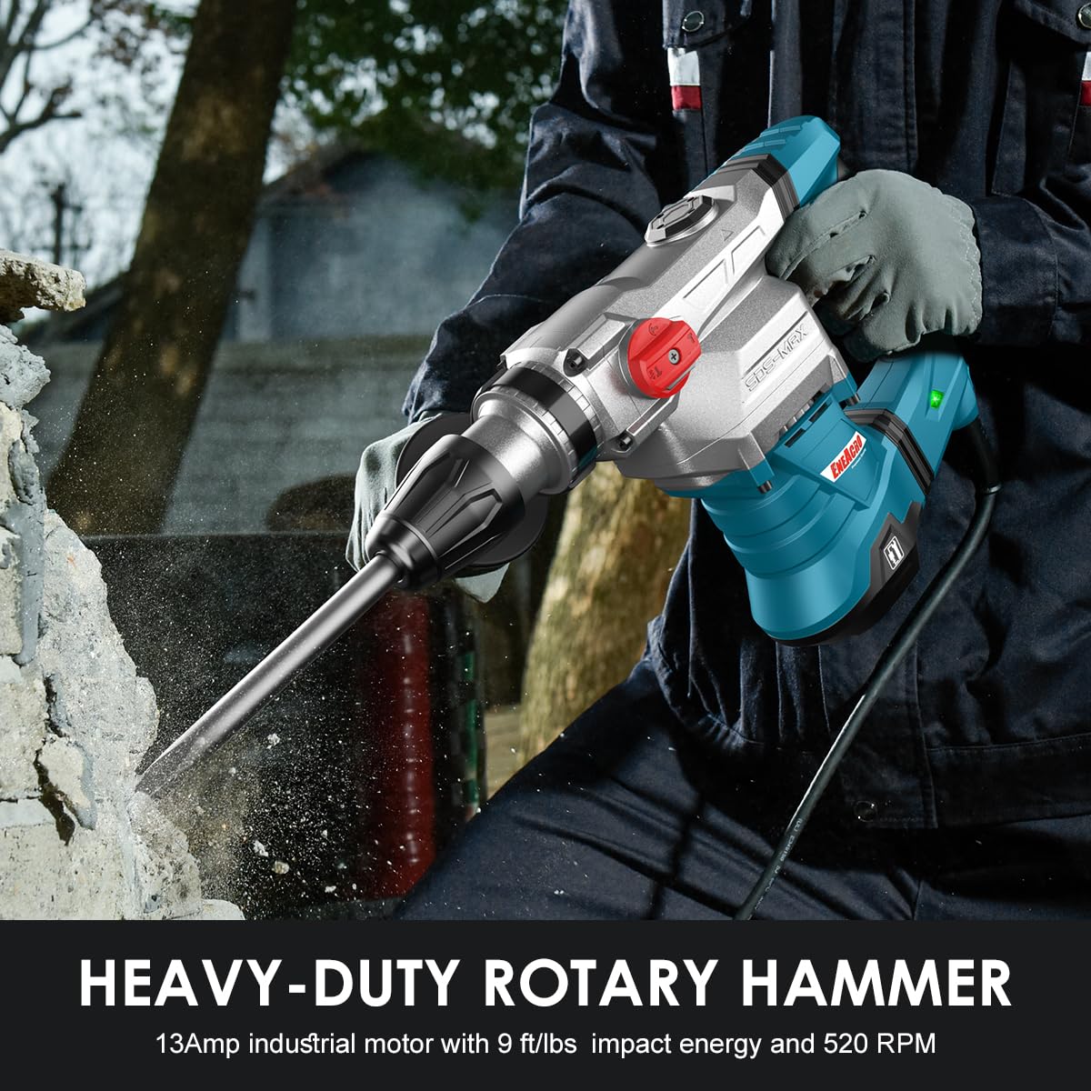 ENEACRO SDS-Max Heavy-Duty Rotary Hammer Drill 9 Ft.lbs, 3 Functions with Safety Clutch & Vibration Control 1-9/16" Drilling Capacity in Concrete– Includes Chisel, Drill Bit, and Tool Bag