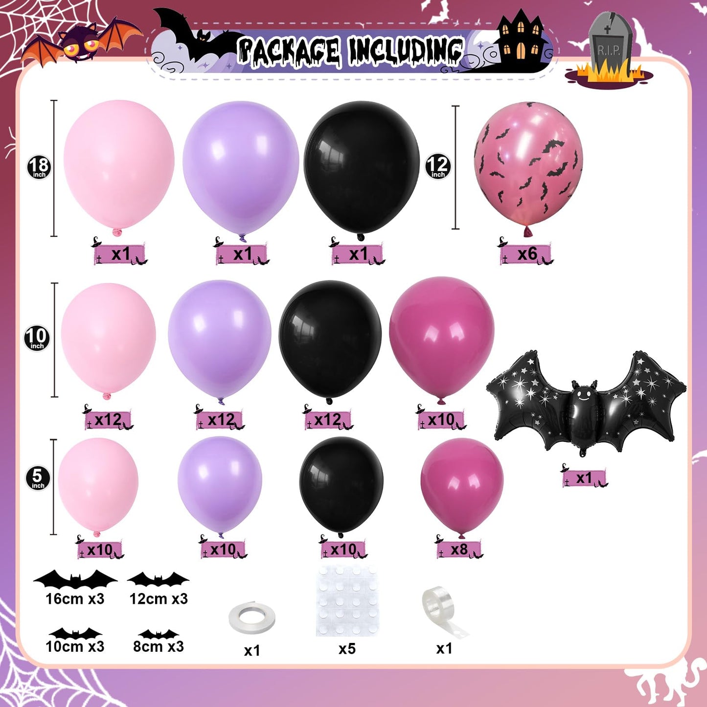 Halloween Balloon Arch Kit 102Pcs Hot Pink Purple Black Balloon Garland with Halloween Bat Foil Rose Red Balloons for Trick or Treat Day of the Dead Spooky Boo Ghost Haunted House Party Decorations