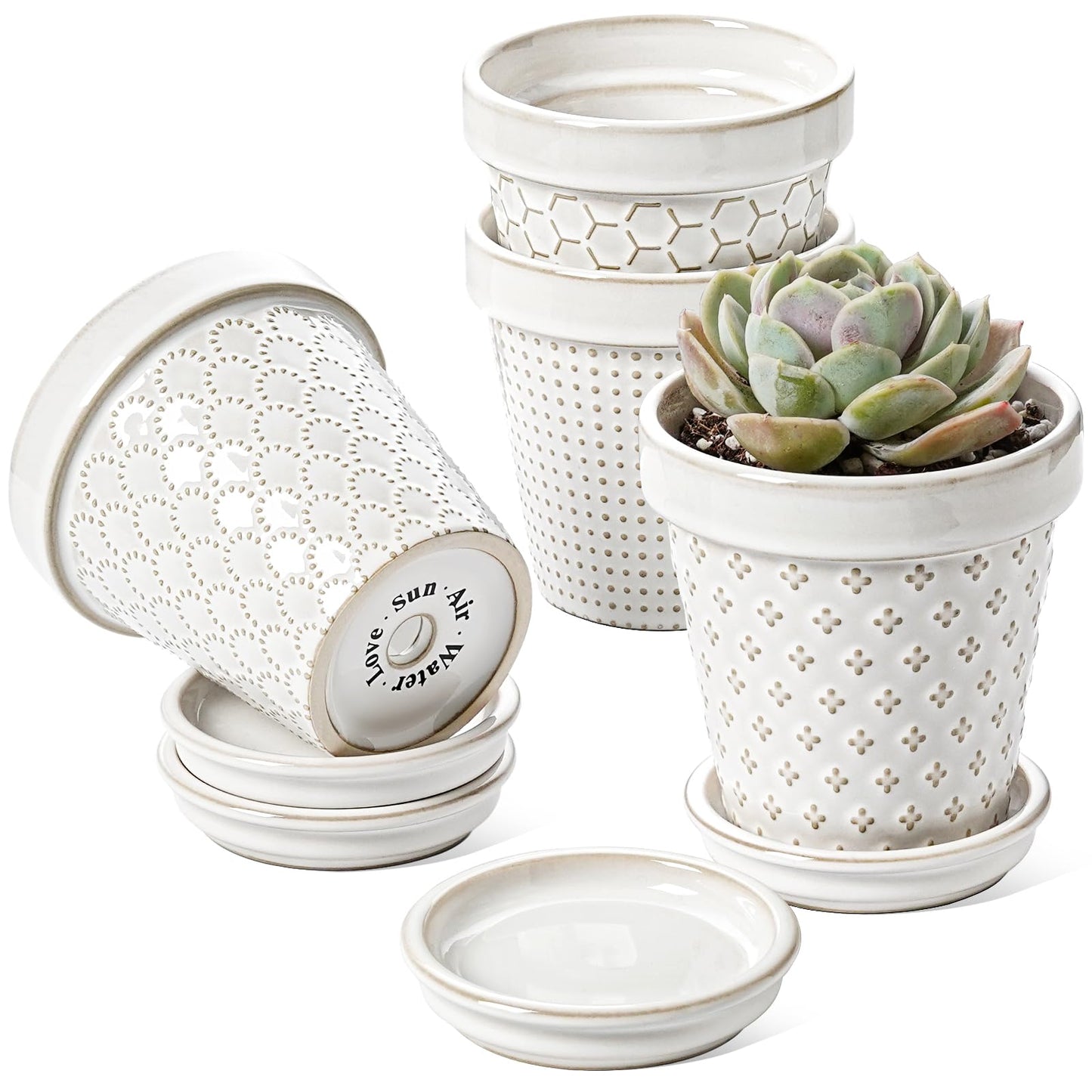 LE TAUCI Ceramic Succulent Pots, 4 Inch Small Plant Pot for Indoor Plant Cactus, Embossed Flower Pots with Drainage Hole & Saucer - Set of 4, Arctic White