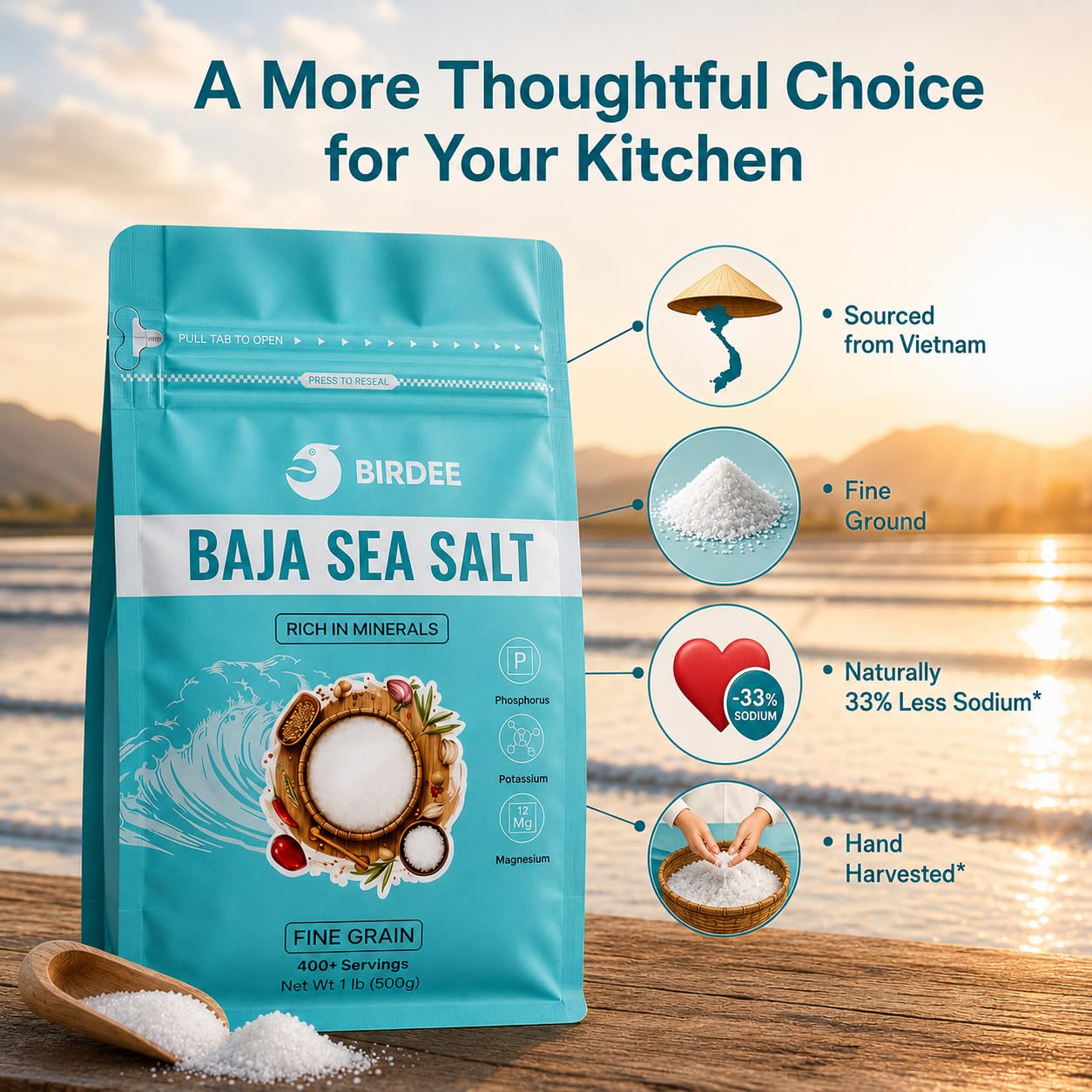 Birdee Salt Gift Set, Solar-Dried Mineral Rich Fine Grain Sea Salt from Vietnam, 17.6 oz (500g) Pouch with Engraved Hardwood Spoon Bag Sealer Clip, Seasoned with Salt Colossians 4:6