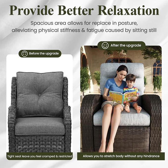 LayinSun Oversized Wicker Outdoor Swivel Glider Recliner with Adjustable Backrest & Footrest, Patio Reclining Lounge Chair