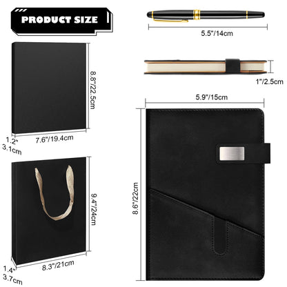 A5 Lined Leather Notebook and Pen Set with Gift Box, 240 Pages Refillable Journal with Pocket and Magnetic Buckle, Hardcover Daily Diary for Men and Women Business Travel Personal Writing- Black