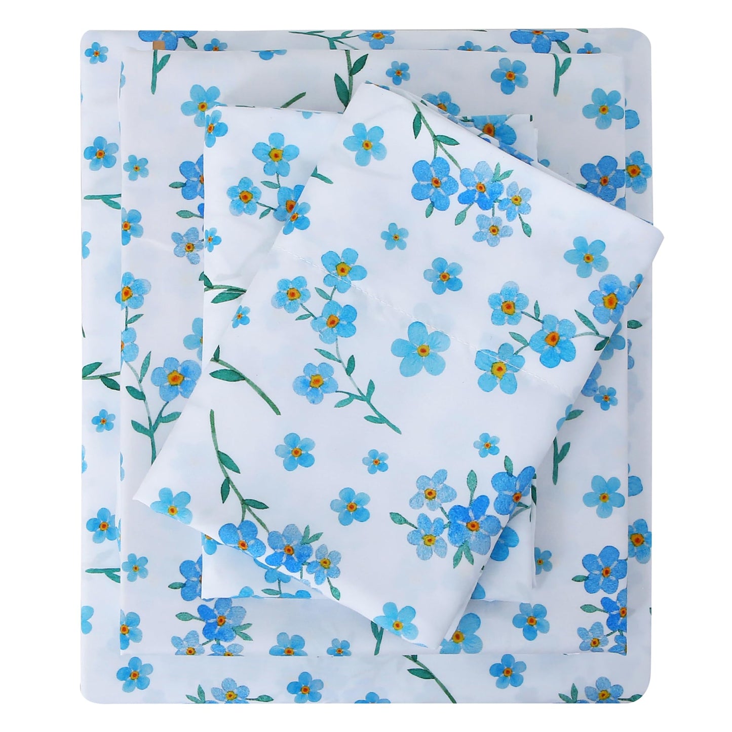 Viviland Floral Queen Sheet Set - 4 Piece Country Fresh Blue Flower Patterned Bed Sheets - Soft, Breathable Microfiber Sheets with Deep Pocket, Non-Slip Fitted Sheets & Pillowcases