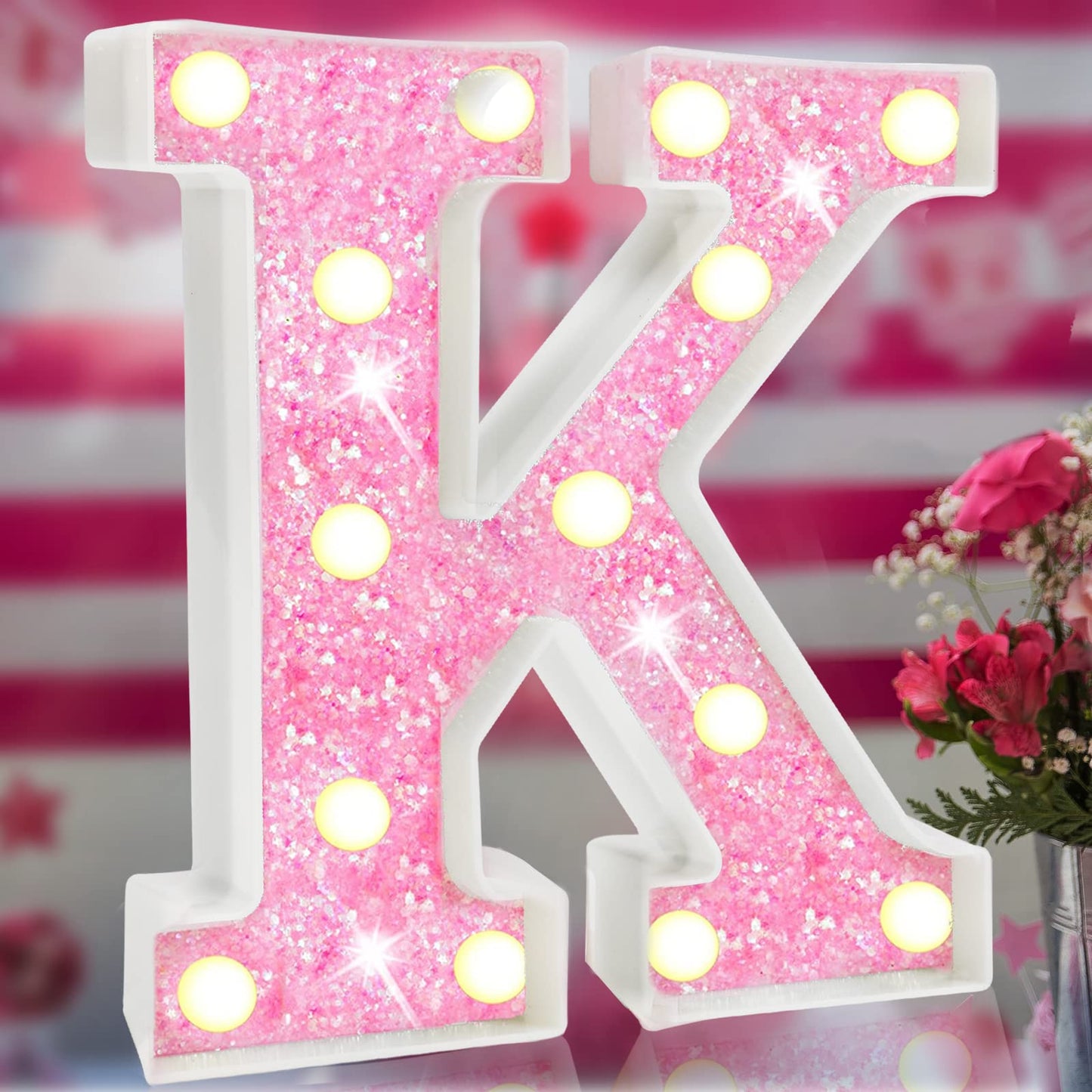 Light Up Letters, Glitter Alphabet Letter Sign Pink LED Marquee Letter Lights Battery Powered for Night Light Girls Bedroom Birthday Party Wedding Home Christmas Decorations Gift for Her-Pink K