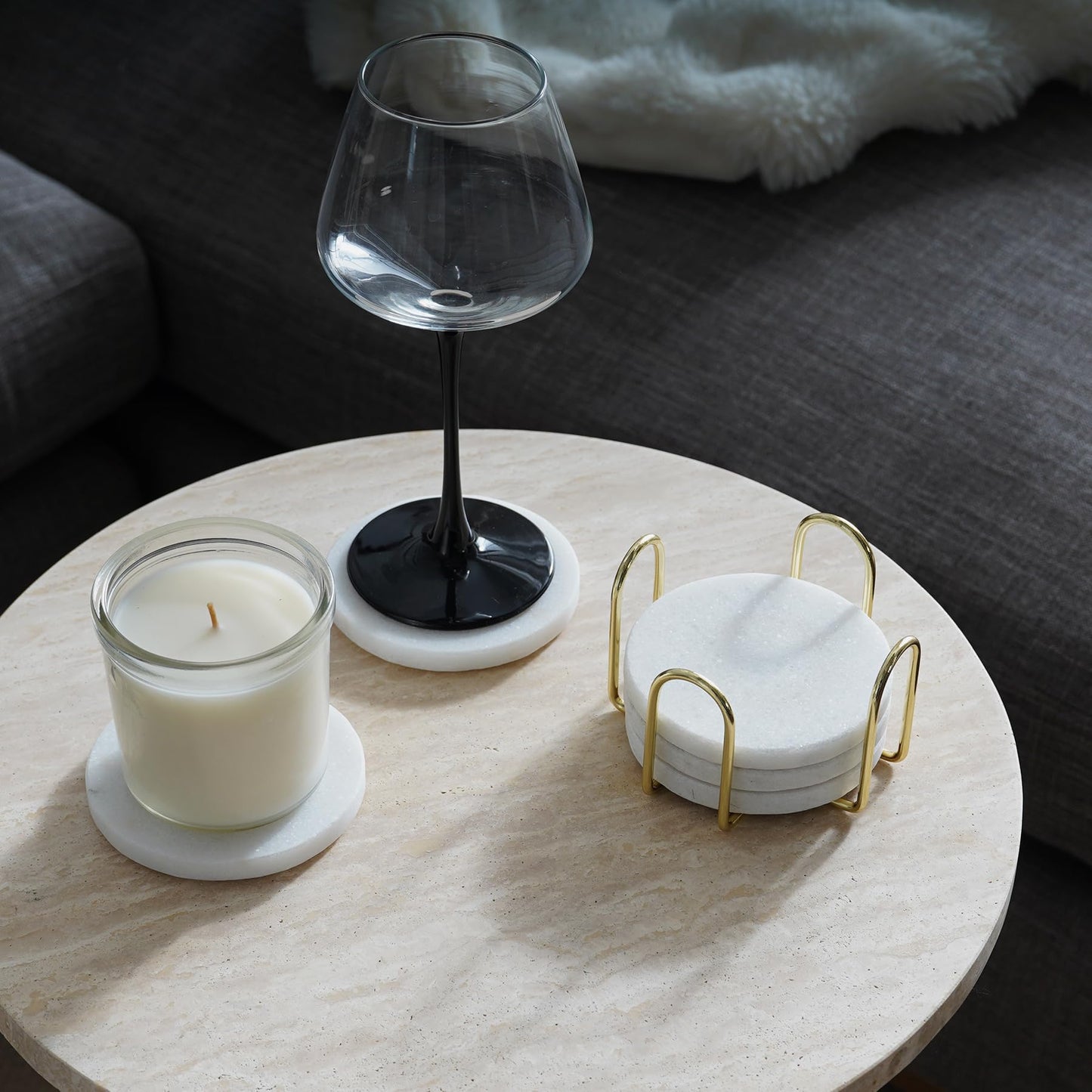Lasungreen 4 Inches Modern Shining White Marble Coasters with Gold Metal Holder, Round Natural Stone Drink Coasters, Set of 5 Coasters Decorative for Home
