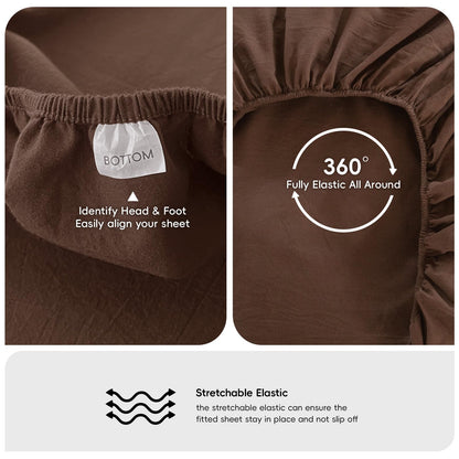 MooMee Fitted Bottom Sheet Only 100% Washed Cotton Linen Like Textured Breathable Durable Soft Comfy Deep Pocket Fits Mattress up to 17" (Cocoa Brown, Queen)