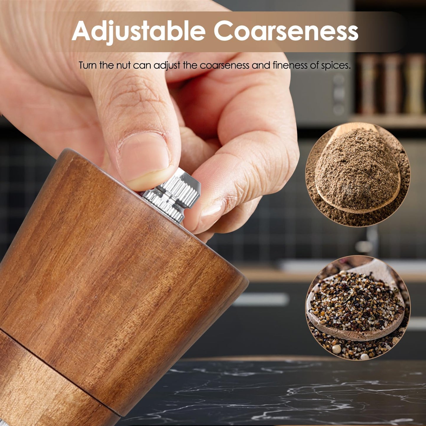 Foyucool 2 Pack Wooden Salt and Pepper Grinder Set, 8 inch Manual Salt and Pepper Mill with Brush and Spoon, Adjustable Coarseness, Refillable Pepper Grinder for Kitchen, Transparent
