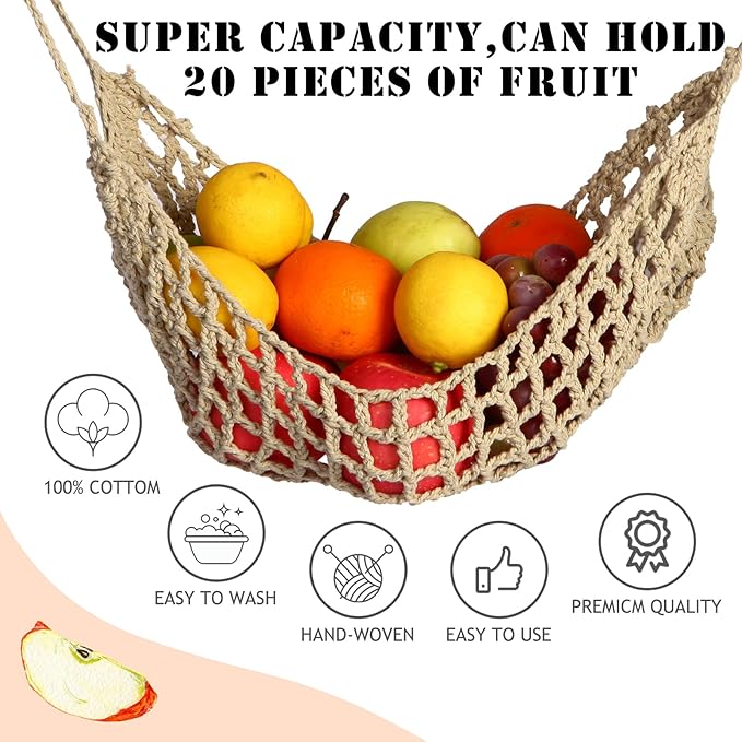 Fruit Hammock for Kitchen Under Cabinet, Large Macrame Fruit Hammock for