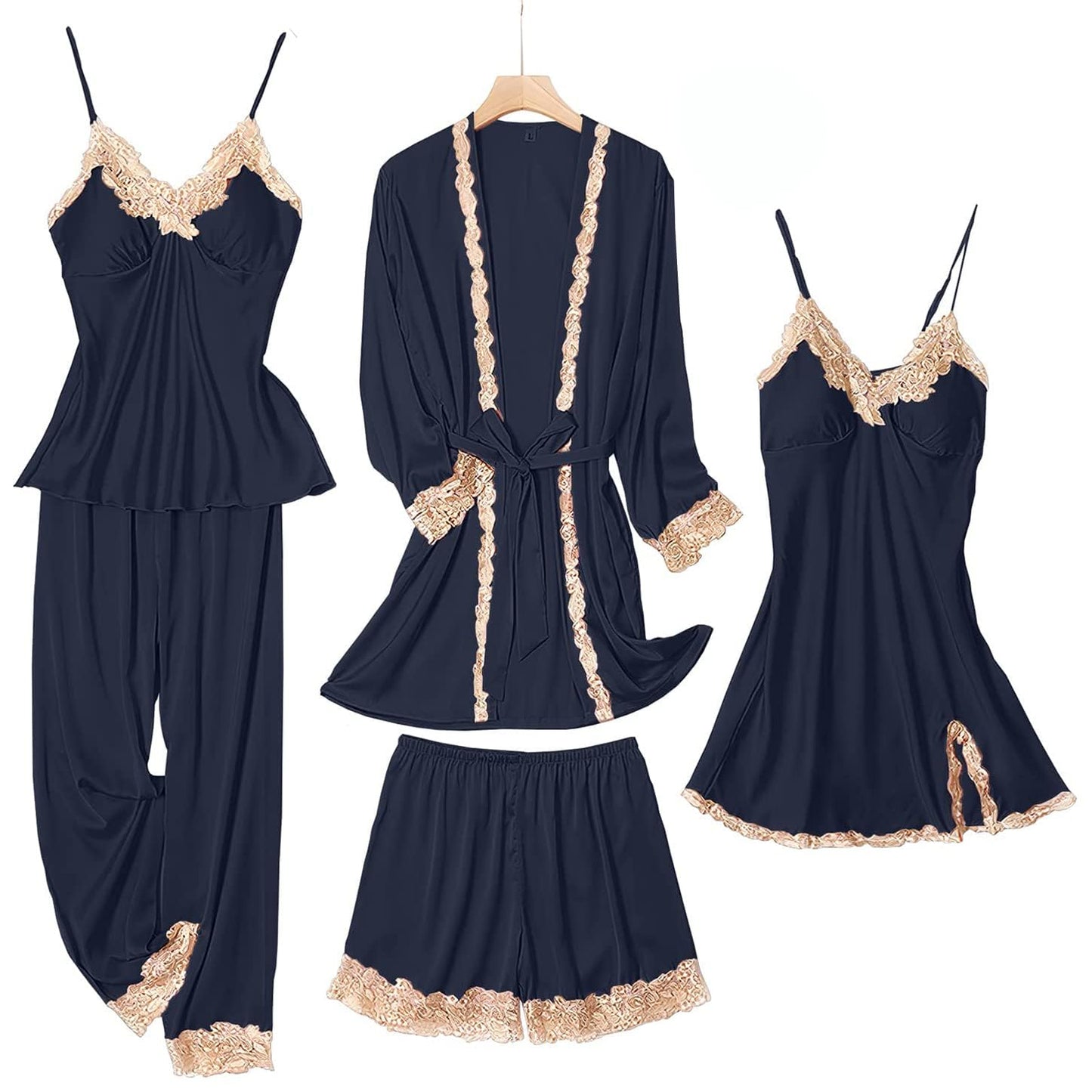 SAPJON Womens Pajama Sets 5PCS Silk Pajamas for women Cute Sleepwear Loungewear Satin Pajamas Sets for Women Soft