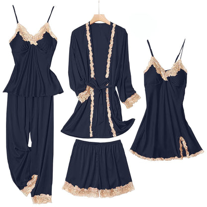 SAPJON Womens Pajama Sets 5PCS Silk Pajamas for women Cute Sleepwear Loungewear Satin Pajamas Sets for Women Soft