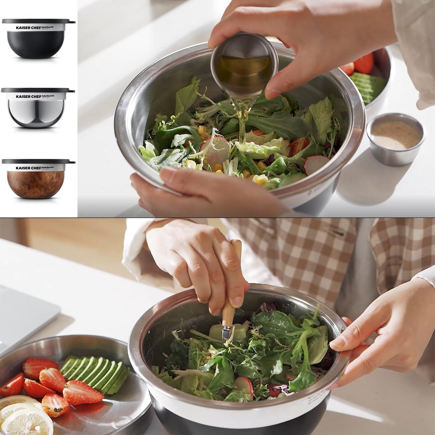 Kaiser chef Salad Bowl Kit 74oz,Salad Container For Lunch,18/8 Stainless Steel,Salad Bowl With Lid, Includes 1.7oz Condiment Container and Removable Tray,Leak-Proof, Easy to Clean (Wood)