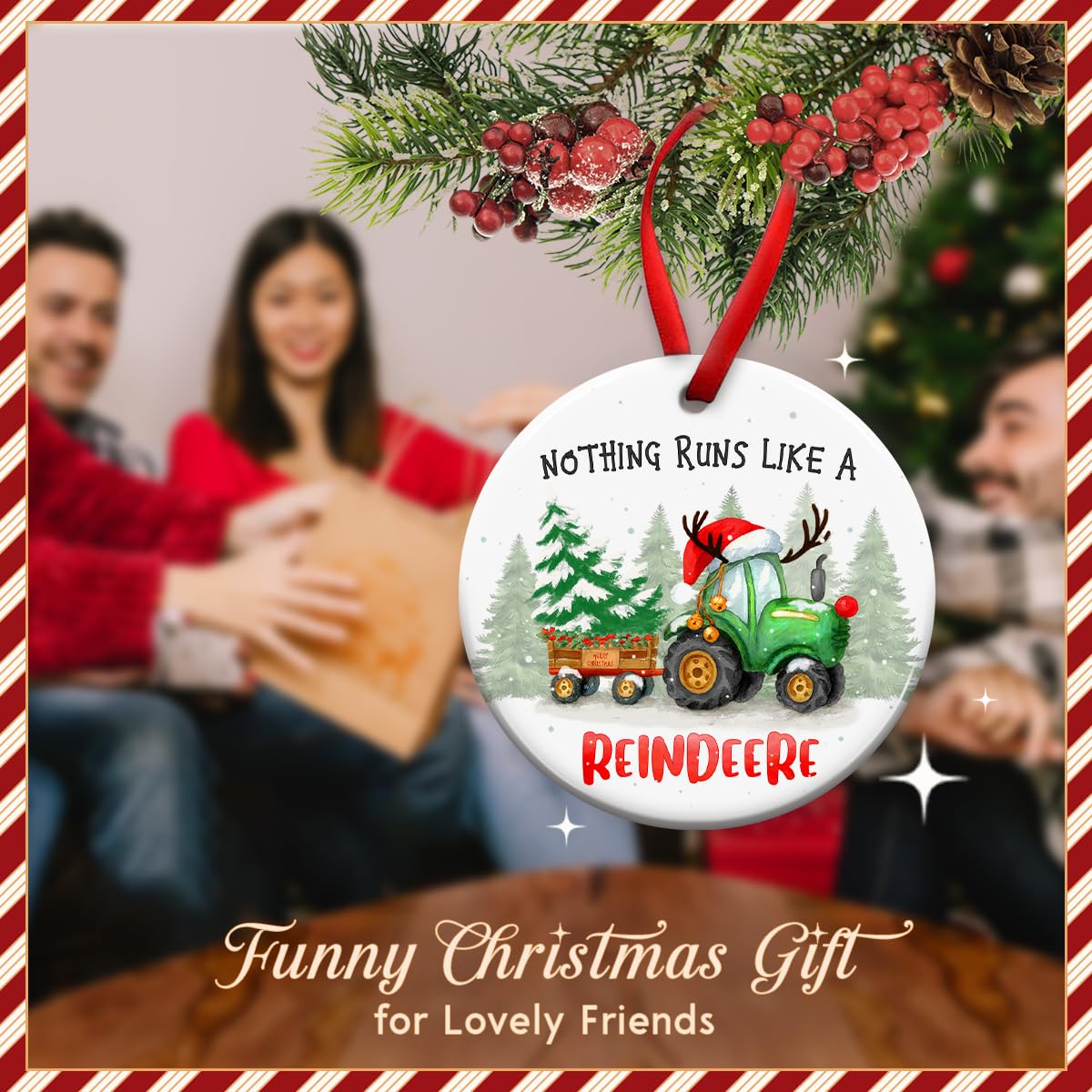 KILYHOME Funny Tractor Reindeer Christmas Ornament – “Nothing Runs Like Reindeere” Farmhouse Rustic Holiday Decor, Keepsakes & Gifts for Deer Lovers – Christmas Tree Decoration, Xmas Gift for Farmers