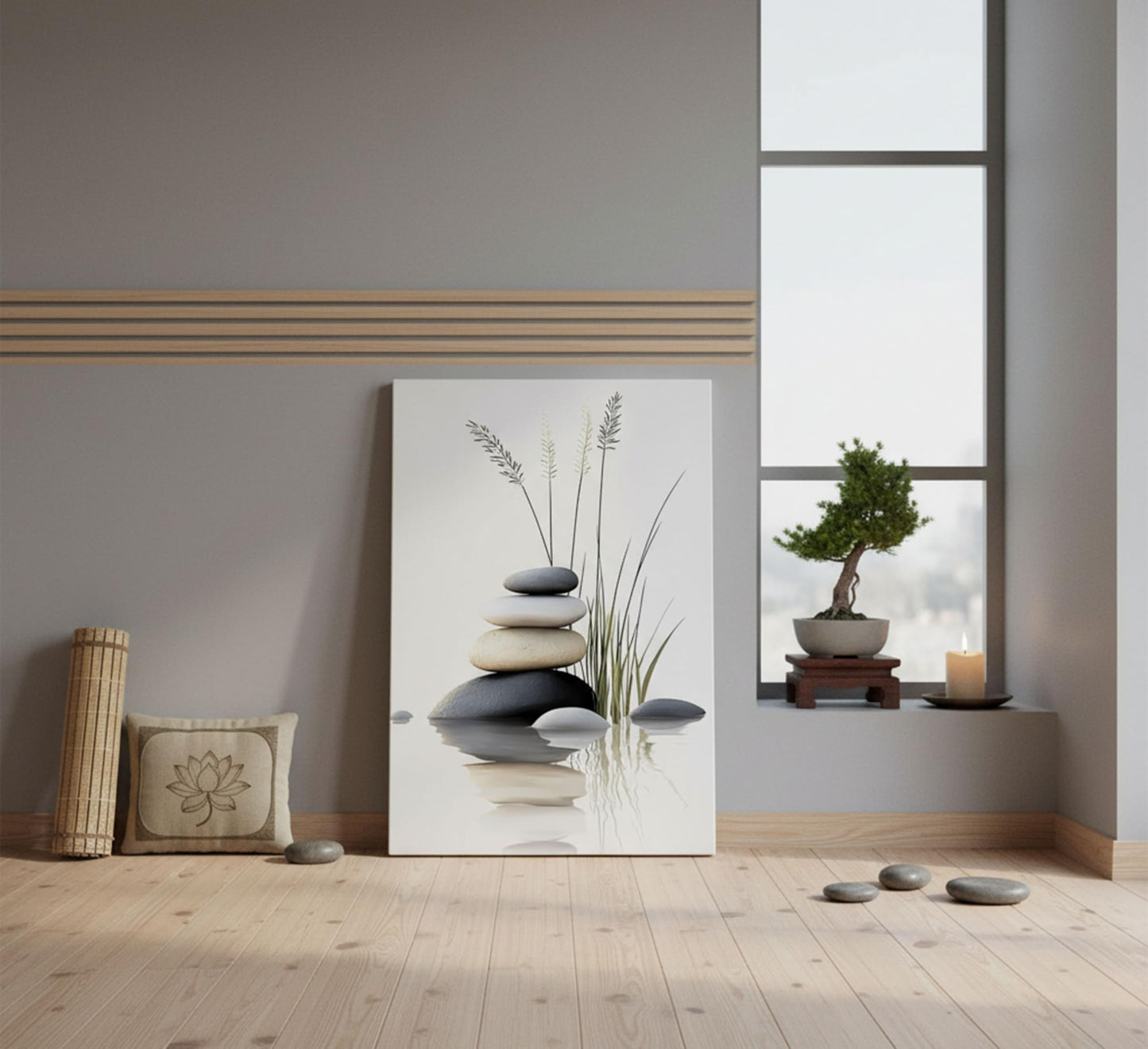 Zen Stone Canvas Wall Art Stacked Stones in Water with Grasses Painting Picture Wall Decor Poster Print Suitable for Yoga Meditation Room Bathroom Bedroom Study Home Decoration