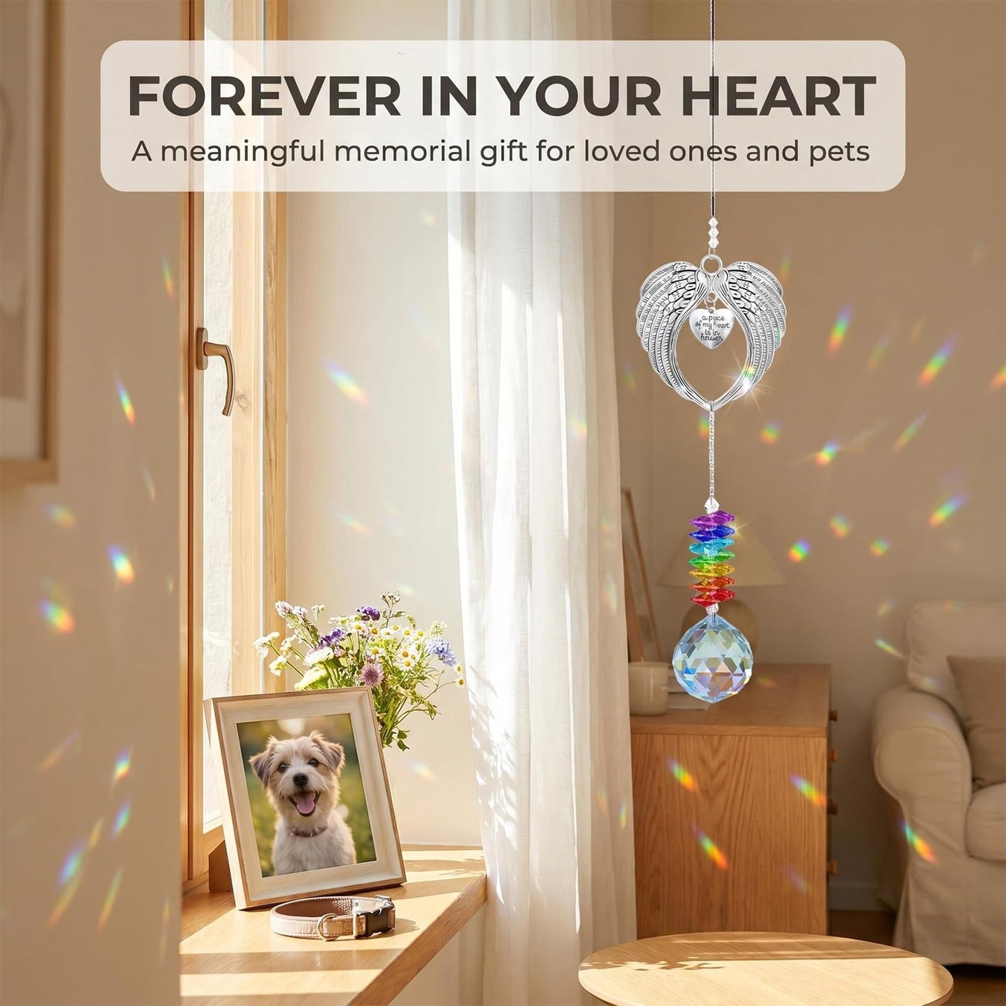 Memorial Suncatcher Angel Wings with Crystal Ball, “A Piece of My Heart is in Heaven” Sympathy Gift for Loss of Loved One or Pet, Bereavement Remembrance Hanging Decor for Window 18.5 Inch