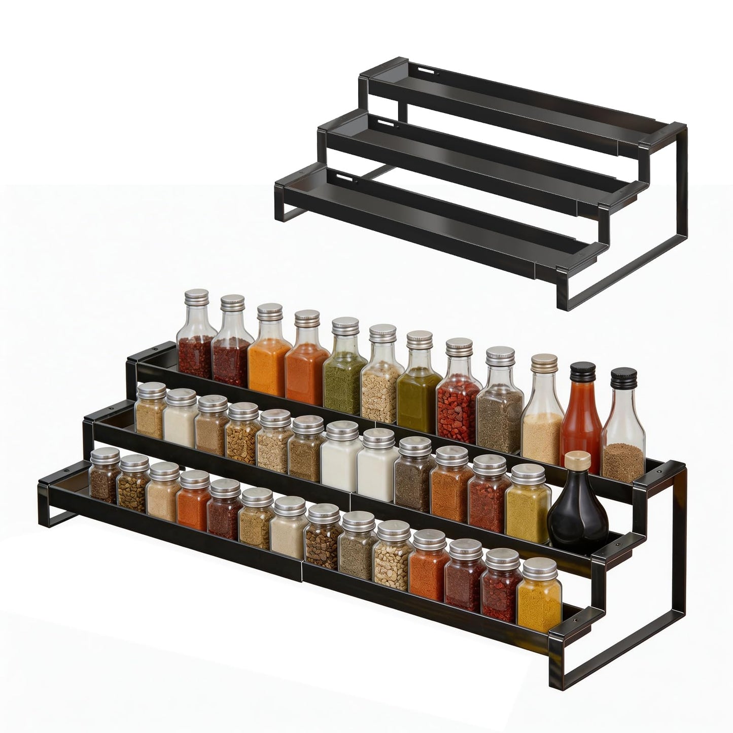 3 Tier Expandable Spice Rack Organizer, Heavy-Duty Black Metal Seasoning Organization Shelf for Cabinet, Kitchen & Pantry, Tiered Spice Shelf With Safety Lock, For Jars & Bottles, Countertop Storage