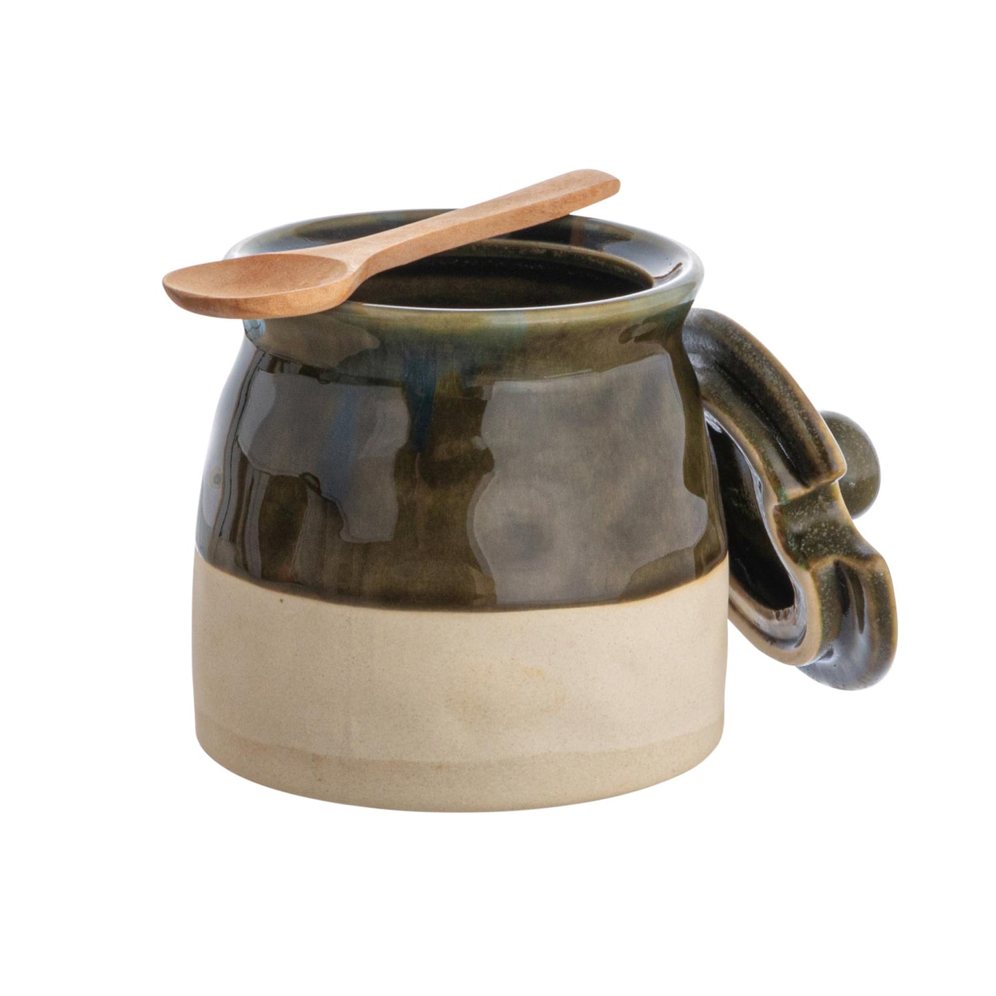 Creative Co-Op Stoneware Sugar Pot with Lid and Wood Spoon, Deep Green Glaze