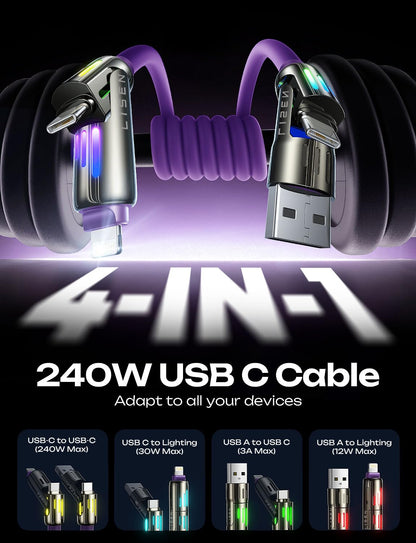 LISEN USB C to Lightning Cable, 240W 4 in 1 Charging Cable 6.6FT, Chubby USB A/C to C/Lightning with Light for iPhone Air 17 16 15 14 Pro/MacBook/iPad/Samsung/Switch 2, Multi Chargers for All Devices