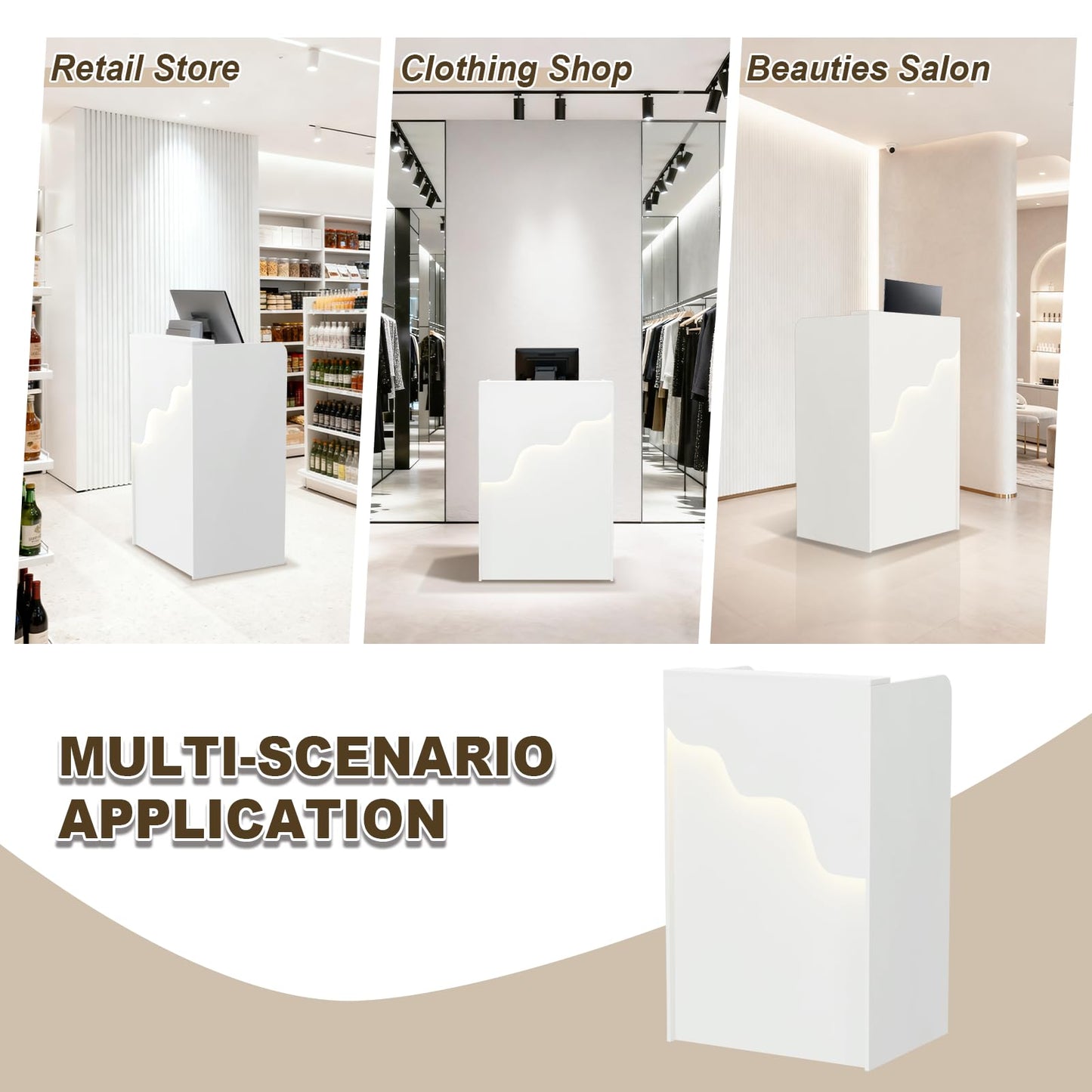 Reception Desk with Counter, Small Modern Front Desk with LED Light and Lockable Drawer, White Reception Table Retail Checkout for Counter for Lobby, Beauty Salon (37.8"L x 23.6"W x 15.7"H)