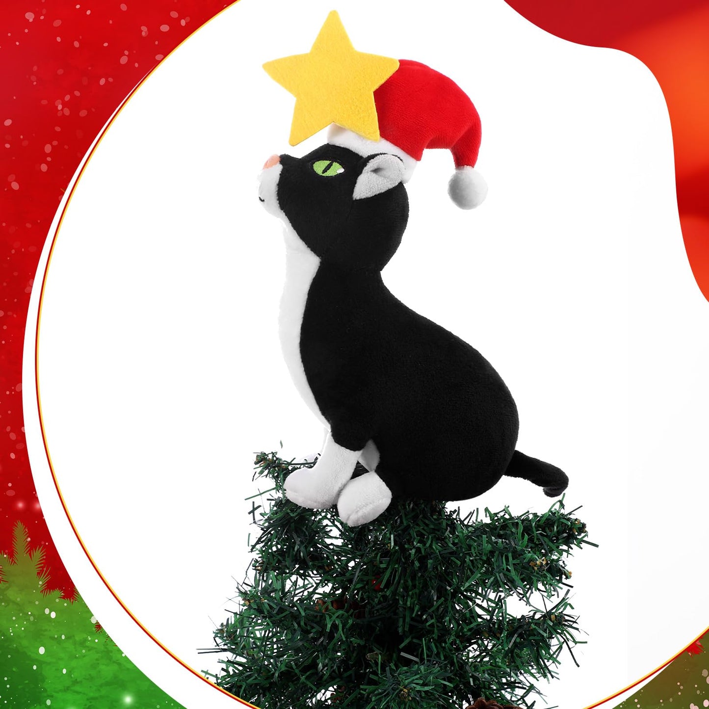 Shappy Christmas Tree Topper Decoration Black Cat Christmas Tree Topper with Star Plush Stuffed Christmas Tree Ornament Cat with Santa Hat Xmas Decoration for Cat Lovers Gift Ideas