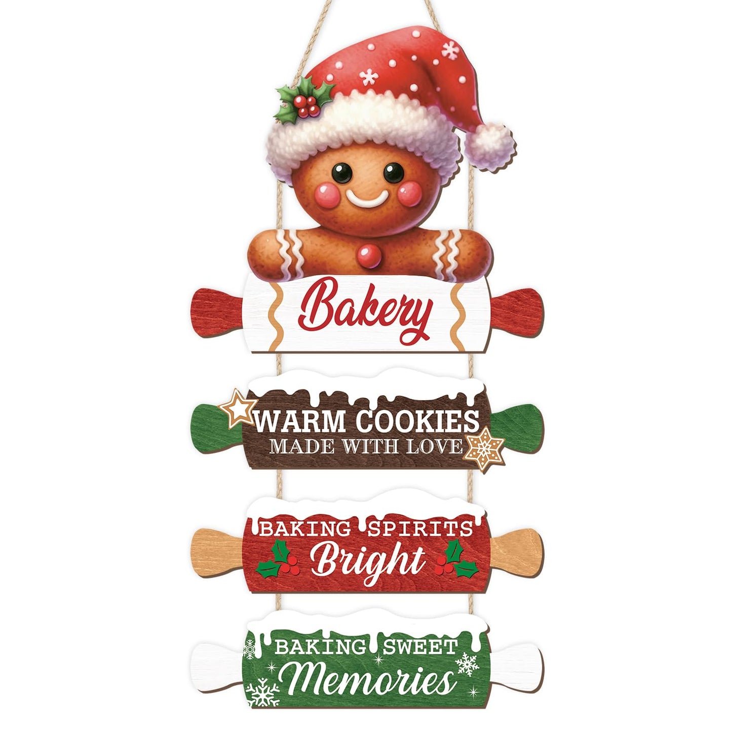 CHDITB Wooden Gingerbread Bakery Christmas Door Hanger, Rustic Christmas Wall Hanging Sign with Cookies Rolling Pin Warm Saying, Farmhouse Xmas Winter Holiday Decor for Indoor Outdoor