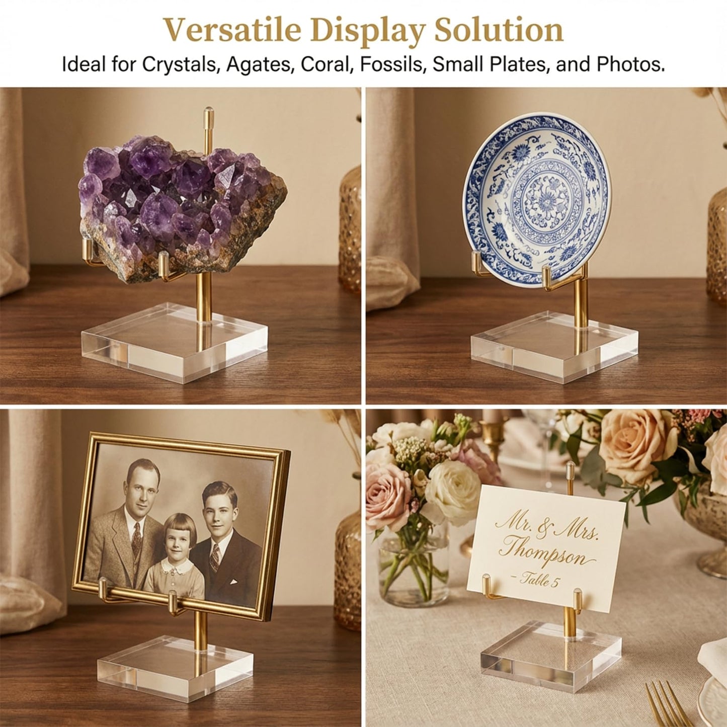 Oqqlin 12 Pcs Crystal Display Stand, 2 x 2 x 3.5 Inch Gold Rock Crystal Stand with Acrylic Base Adjustable Metal Arm Display Stands for Mineral, Agate, Geode, Picture
