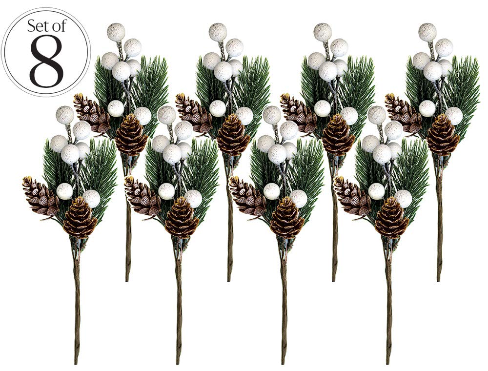 OLYPHAN White Christmas Berries/Berry Stems w. Pine Branches & Artificial Pine Cones/White Holly Spray/Wreath Picks for Winter Decor, Holiday Crafts, Xmas Decorations/Decorative Pick (Snow)