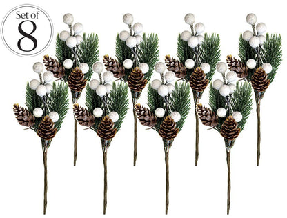 OLYPHAN White Christmas Berries/Berry Stems w. Pine Branches & Artificial Pine Cones/White Holly Spray/Wreath Picks for Winter Decor, Holiday Crafts, Xmas Decorations/Decorative Pick (Snow)