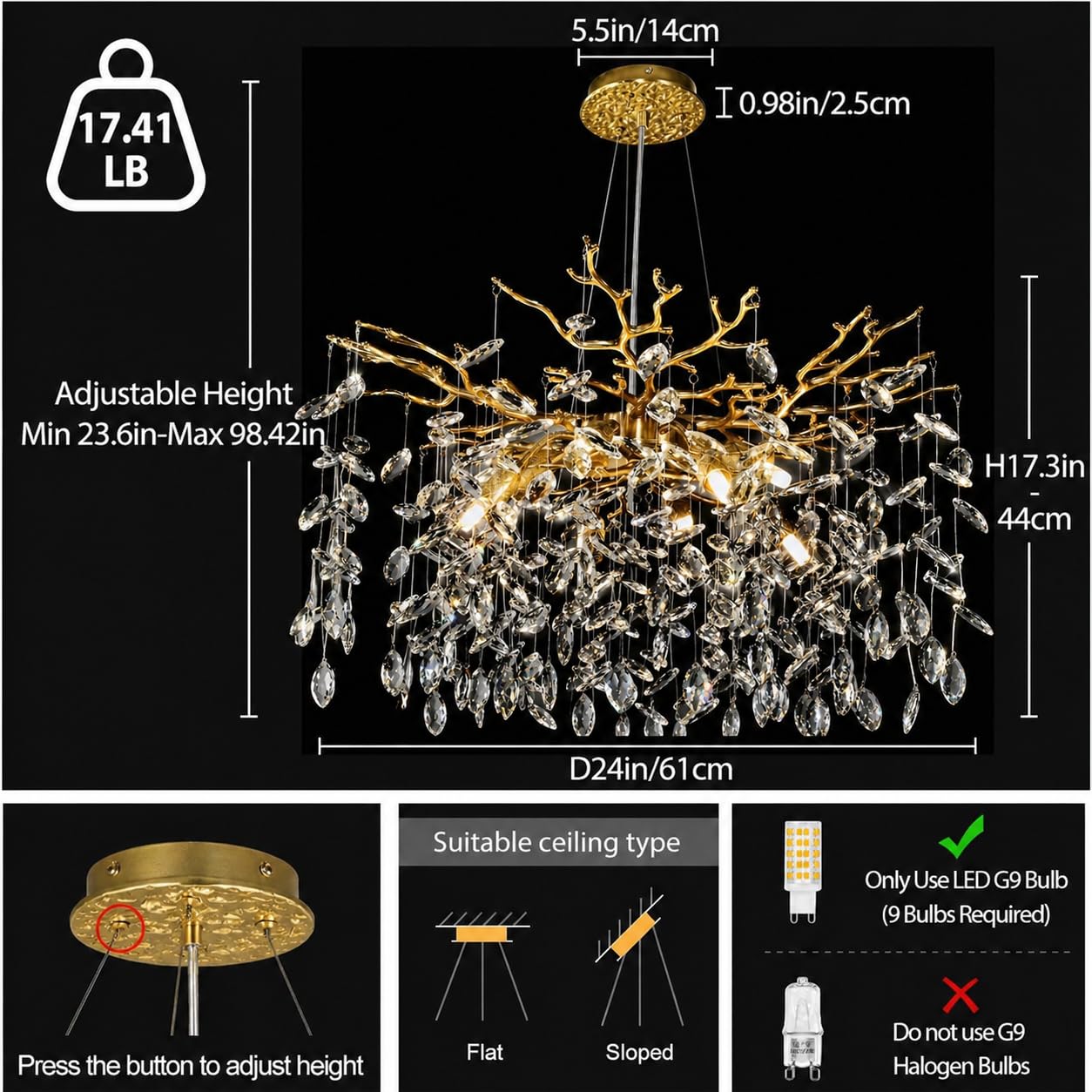 kvtinmty 24'' Modern Tree Branch Crystal Chandelier Luxury Gold K9 Crystal Chandelier 9-Light Crystals Pendant Chandeliers for Dining Room Living Room Bedroom Kitchen Entryway