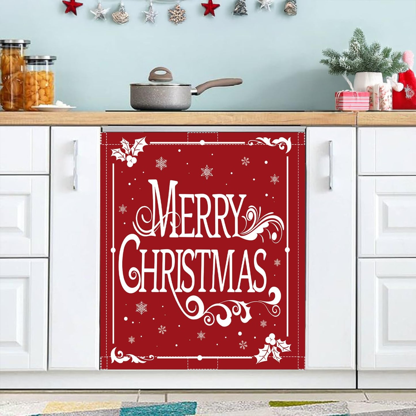 Christmas Dishwasher Magnet Cover 23x26in Merry Christmas Dishwasher Cover for Washers Fridge Panel, Snowflake Magnetic Covers for Kitchen, Machine Door Covers Decor, Red Christmas Kitchen Decor