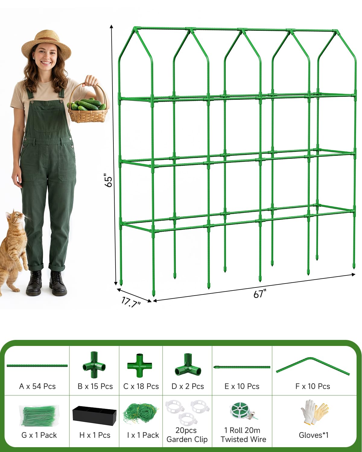 65" Cucumber Planter with Trellis for Climbing Plants Outdoor, Metal Garden Trellis for Raised Bed, Plant Support Structures with Netting for Cucumbers Tomatoes Beans Peas (67 * 17 * 65inch(L*W*H)