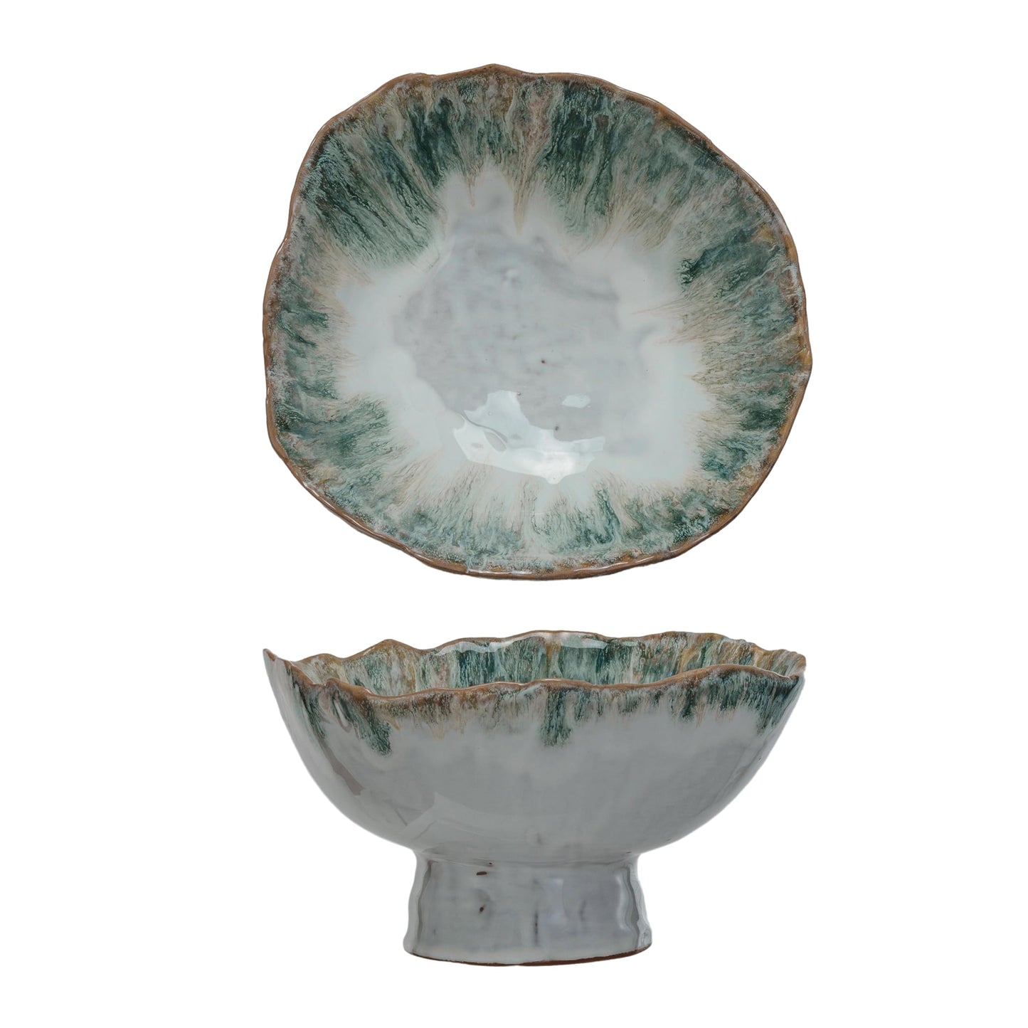 Creative Co-Op Large Stoneware Footed Bowl with Speckled Glaze, Green and Brown