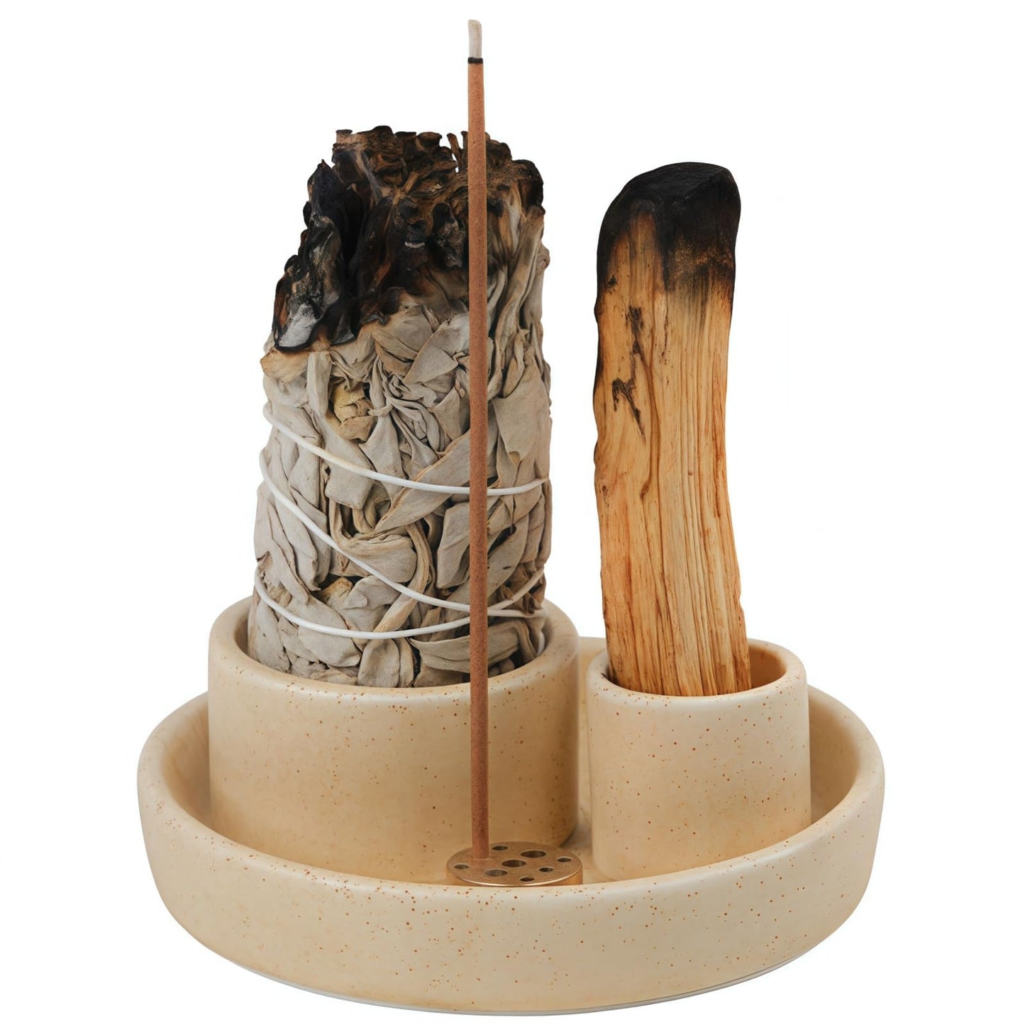 4 in 1 Incense Holder, Ceramic Incense Stick and Palo Santo Holder,Sage Holder for Burning- 4.25" Ceramic Ash Catcher Tray for Meditation and Yoga Room (Sand)