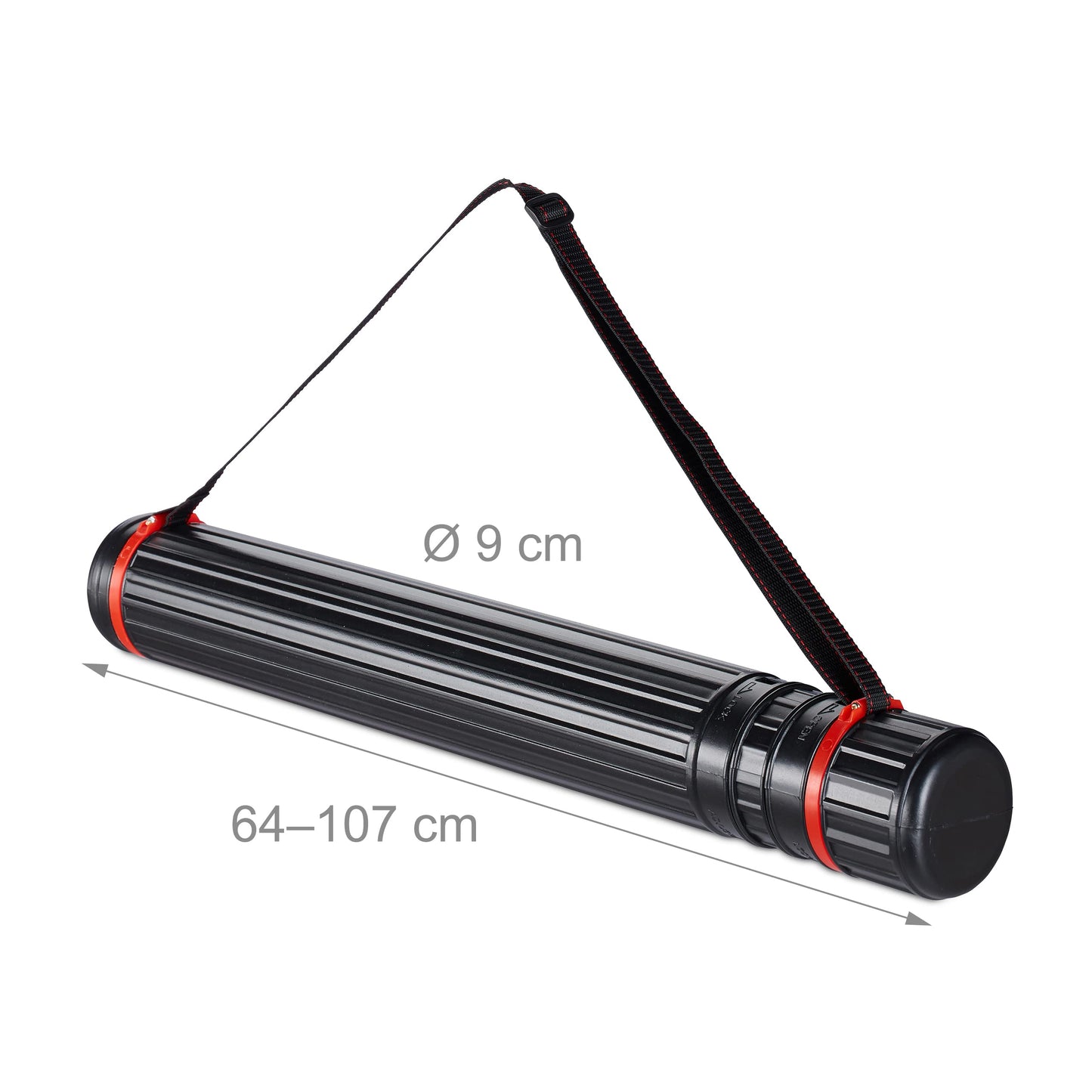 Relaxdays Telescopic Poster Tube, Up To Size A0, Adjustable Shoulder Strap, Screw Cap, 64-107 cm, Plastic, Black