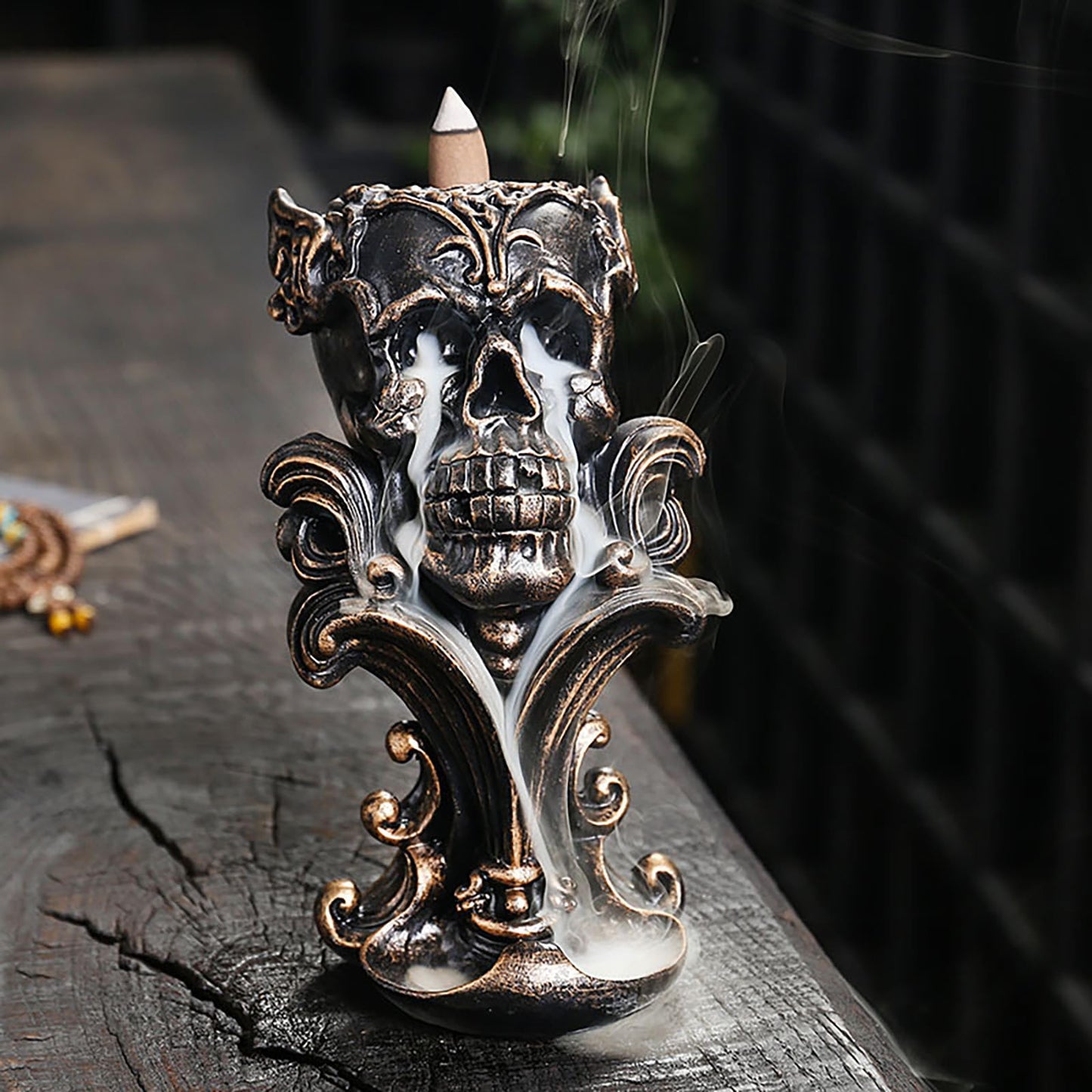 Comeon Backflow Incense Holder Burner Resin Skull Incense Burner Waterfall Incense Burner Home Decor + 20 Backflow Incense Cones + 30 Incense Sticks +1 Tweezer +1 Mat（Metallic Gold）