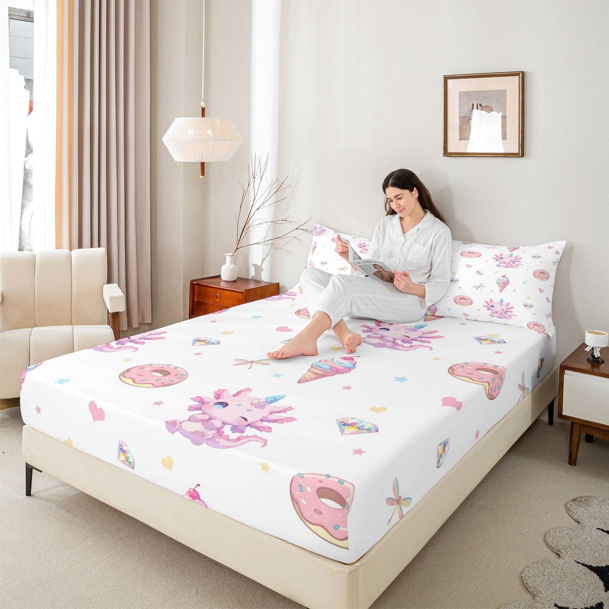 Castle Fairy Cartoon Dinosaur Fitted Sheet Queen Size (No Flat),Donut Ice Cream Bedding Sets 3Pcs,Girls Boys Adult Room Decor,Love Heart Bed Cover Diamond Dragonfly Deep Pocket Sheet,2 Pillowcases